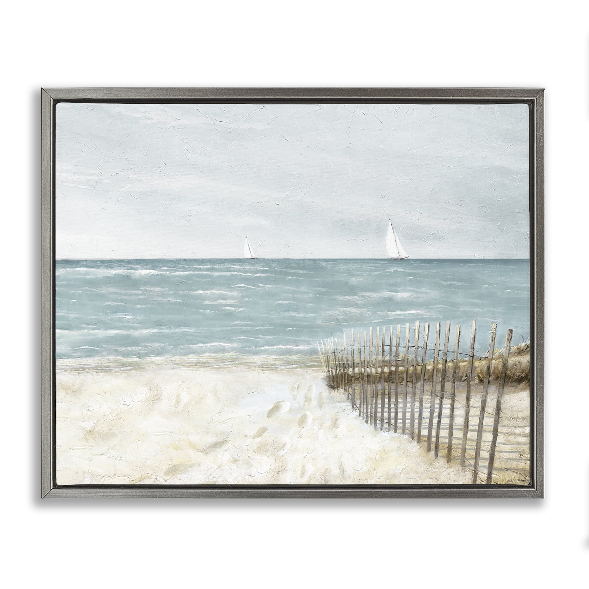 Stupell Industries Beach Footprints & Fence Nautical & Beach Painting Gray Floater Framed Canvas Art Print Wall Art, 31 x 25