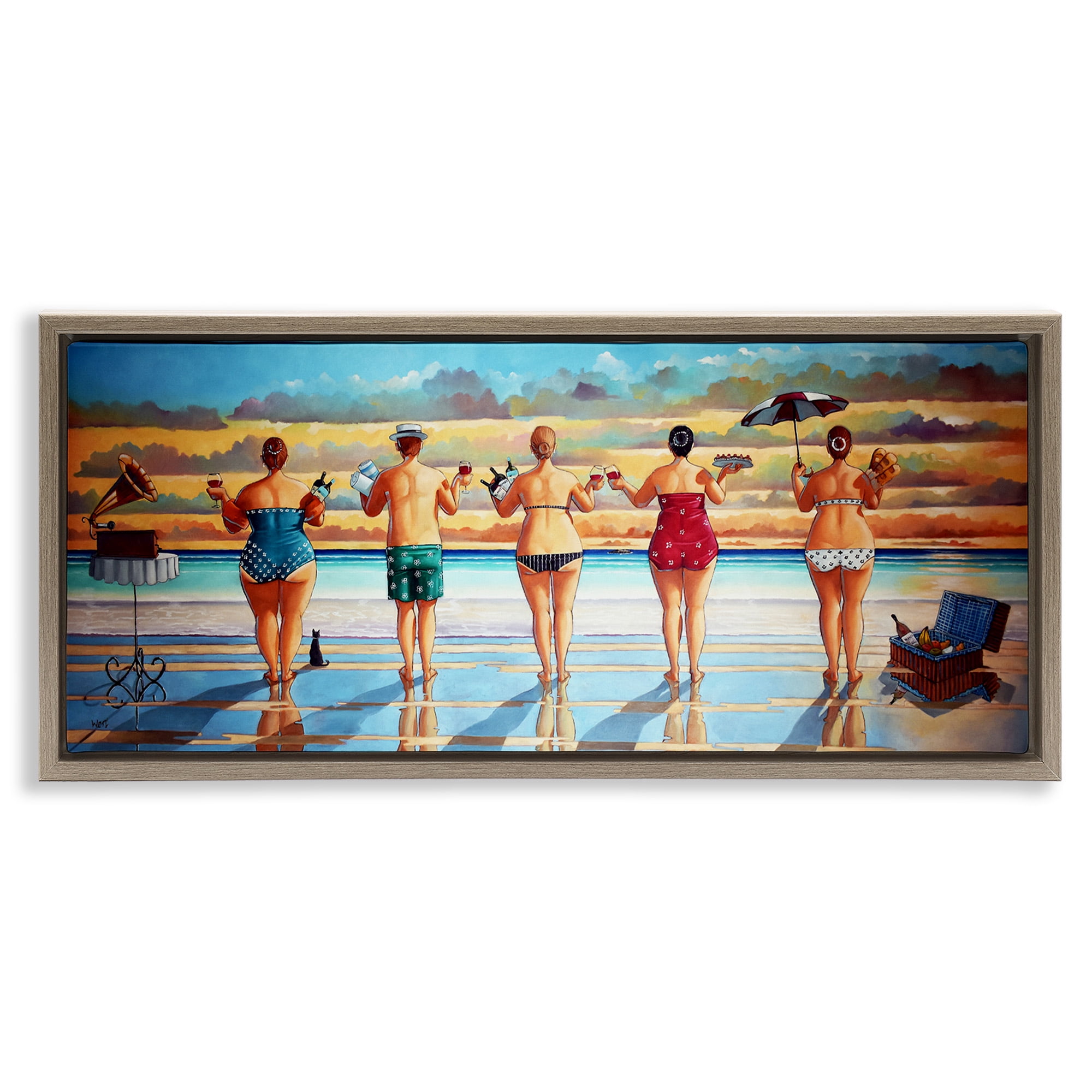 Stupell Industries Beach Friends Coastal Summer Fun Nature Painting Brown Floater Framed Canvas Art Print Wall Art, 25 x 11