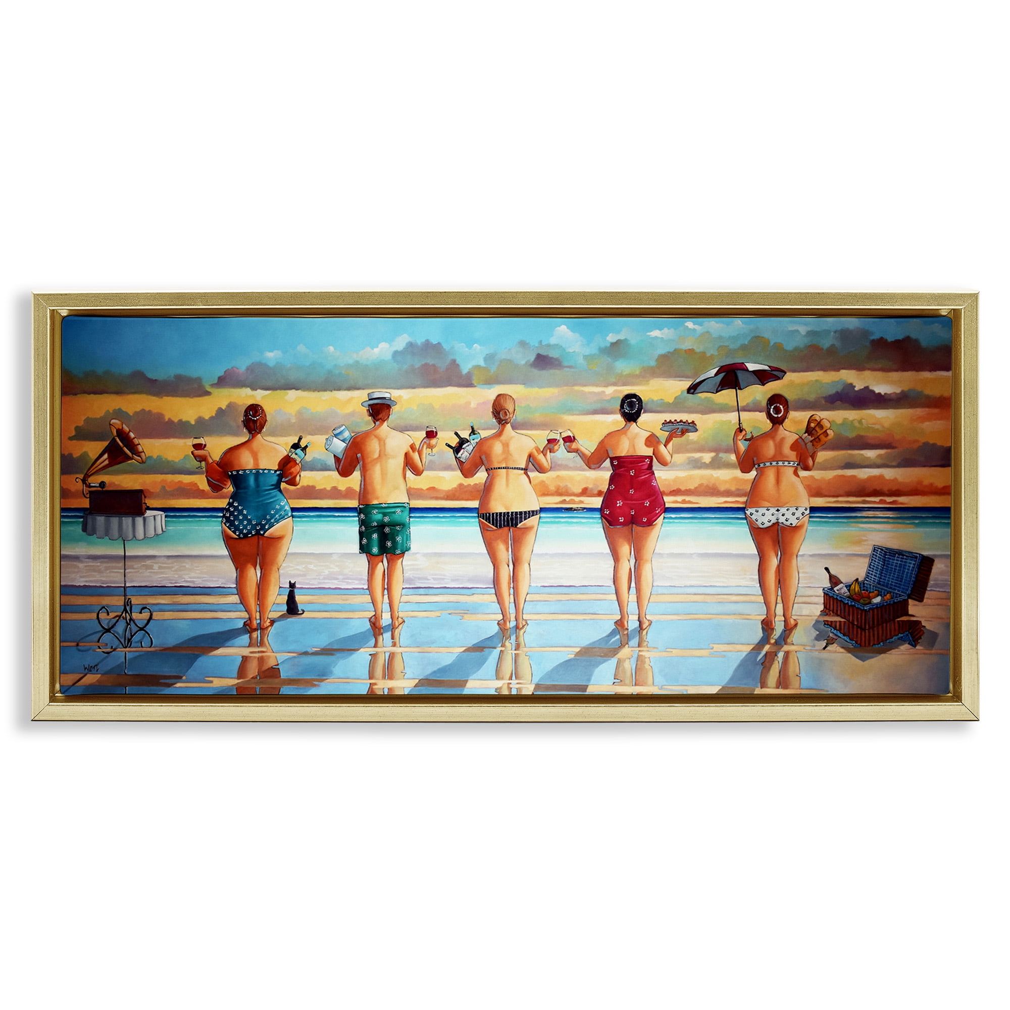 Stupell Industries Beach Friends Coastal Summer Fun Nature Painting Gold Floater Framed Canvas Art Print Wall Art, 25 x 11