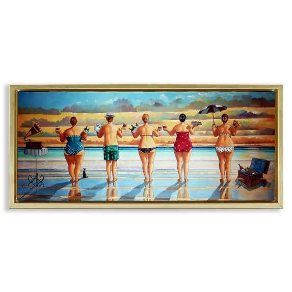 Stupell Industries Beach Friends Coastal Summer Fun Nature Painting Gold Floater Framed Canvas Art Print Wall Art, 31 x 14