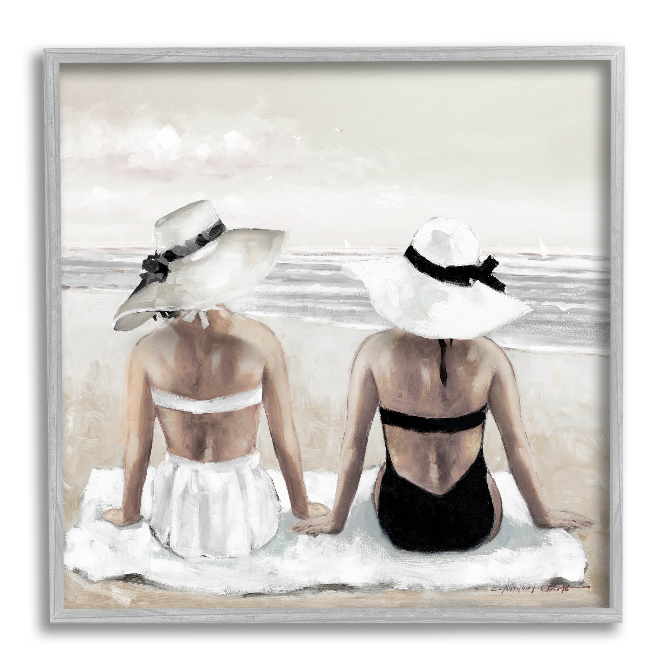 Stupell Industries Beach Friends Ocean Shore Painting Gray Framed Art Print Wall Art, Design by E. Anthony Orme