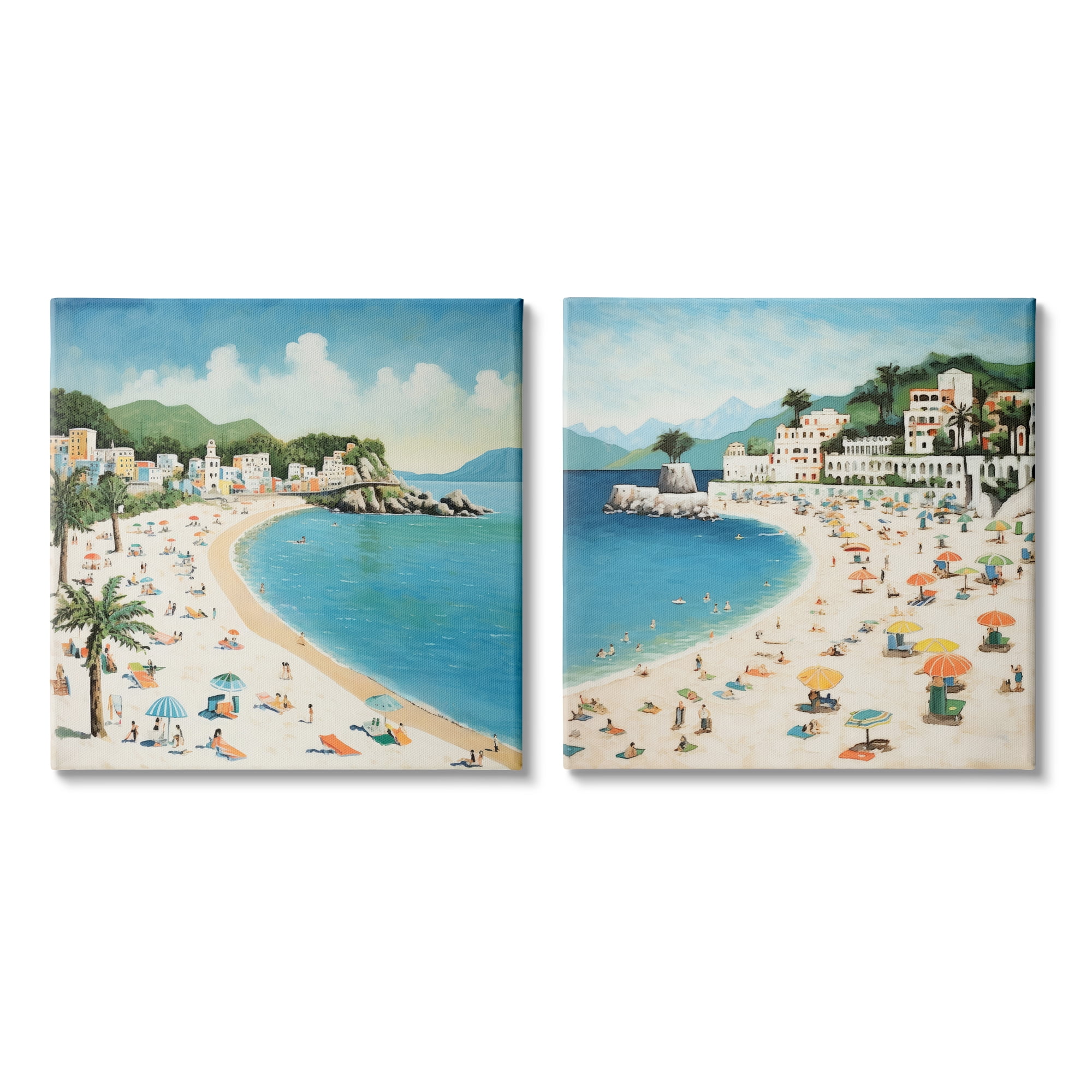 Stupell Industries Beach Goers on Curved Shore Landscape Painting Gallery Wrapped Canvas Art Print Wall Art, 17 x 17, Set of 2