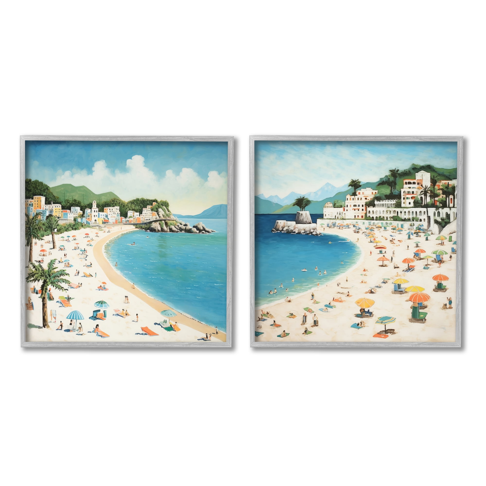 Stupell Industries Beach Goers on Curved Shore Landscape Painting Gray Framed Art Print Wall Art, 12 x 12, Set of 2