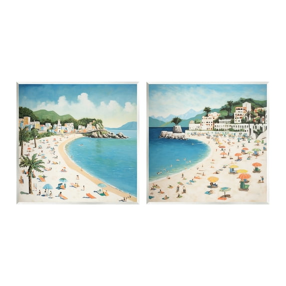 Stupell Industries Beach Goers on Curved Shore Landscape Painting Unframed Art Print Wall Art, 12 x 12, Set of 2