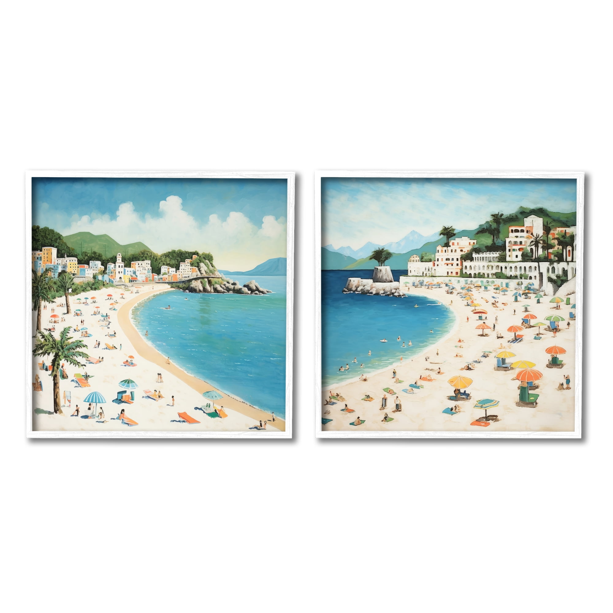 Stupell Industries Beach Goers on Curved Shore Landscape Painting White Framed Art Print Wall Art, 17 x 17, Set of 2