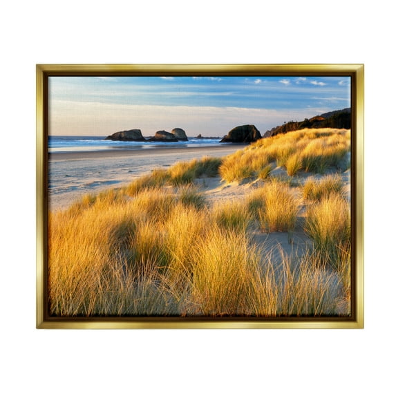 Stupell Industries Beach Grasses Summer Shoreline Coastal Photography Gold Floater Framed Art Print Wall Art