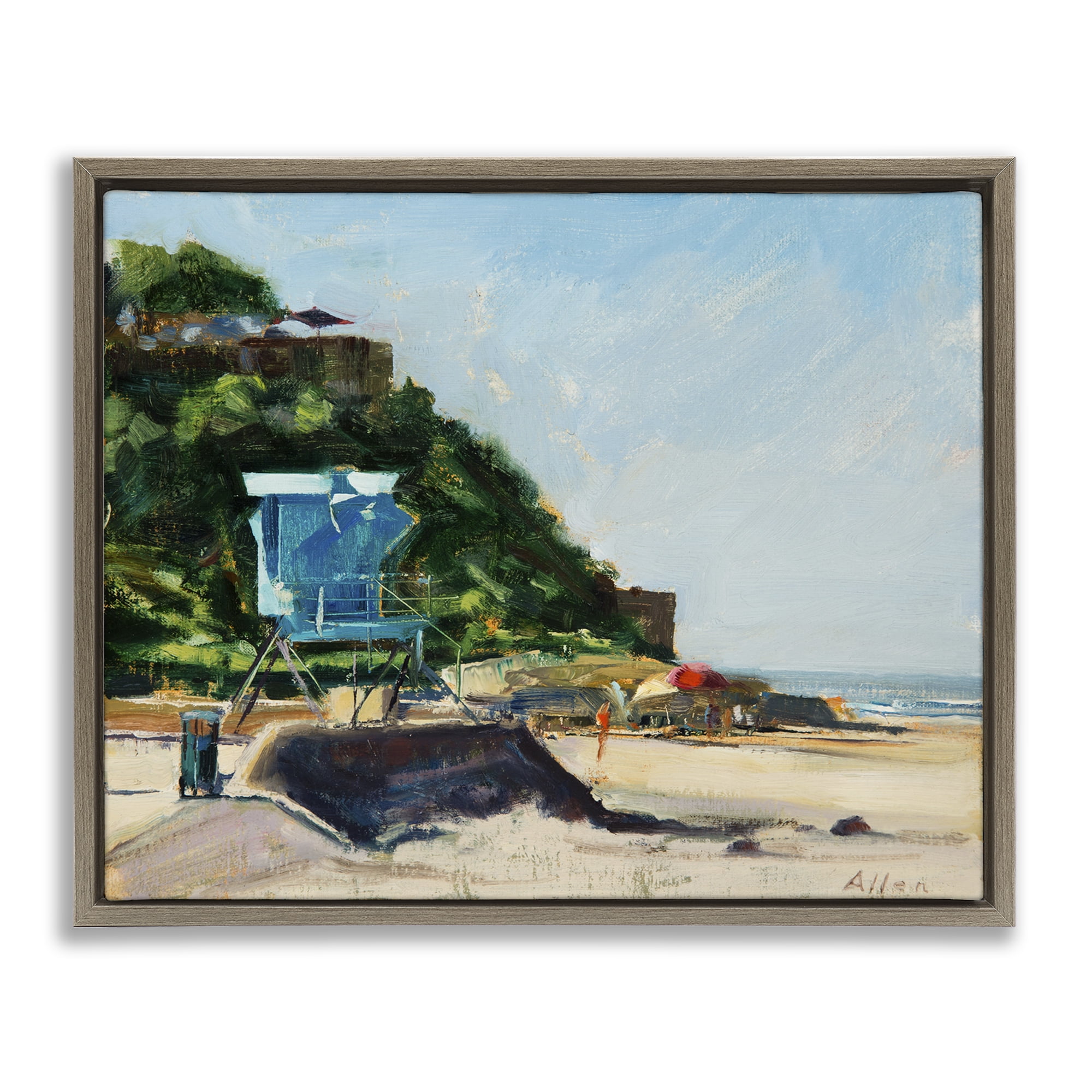 Stupell Industries Beach Guard Tower Landscape & Nature Painting Brown Floater Framed Canvas Art Print Wall Art, 31 x 25