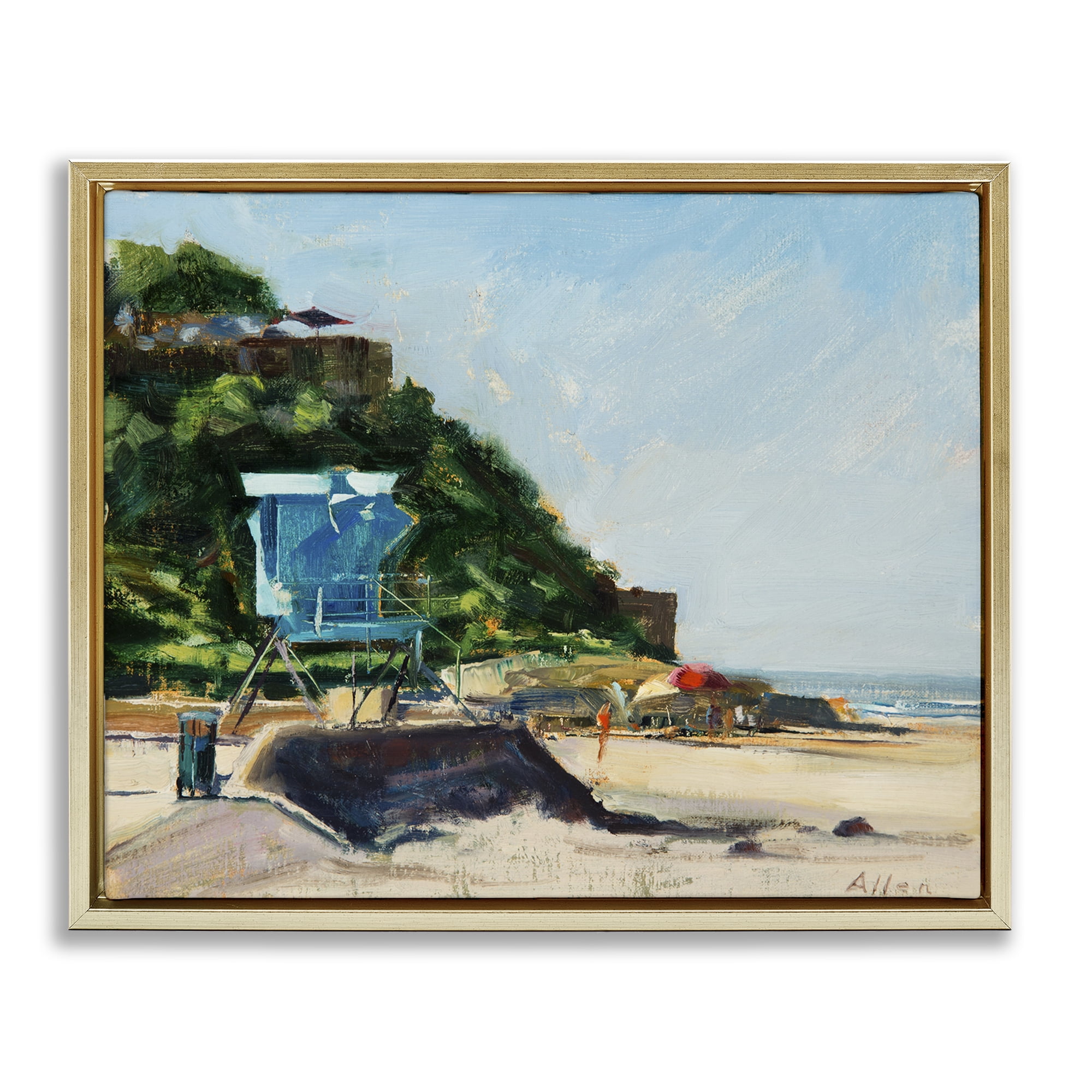 Stupell Industries Beach Guard Tower Landscape & Nature Painting Gold Floater Framed Canvas Art Print Wall Art, 31 x 25