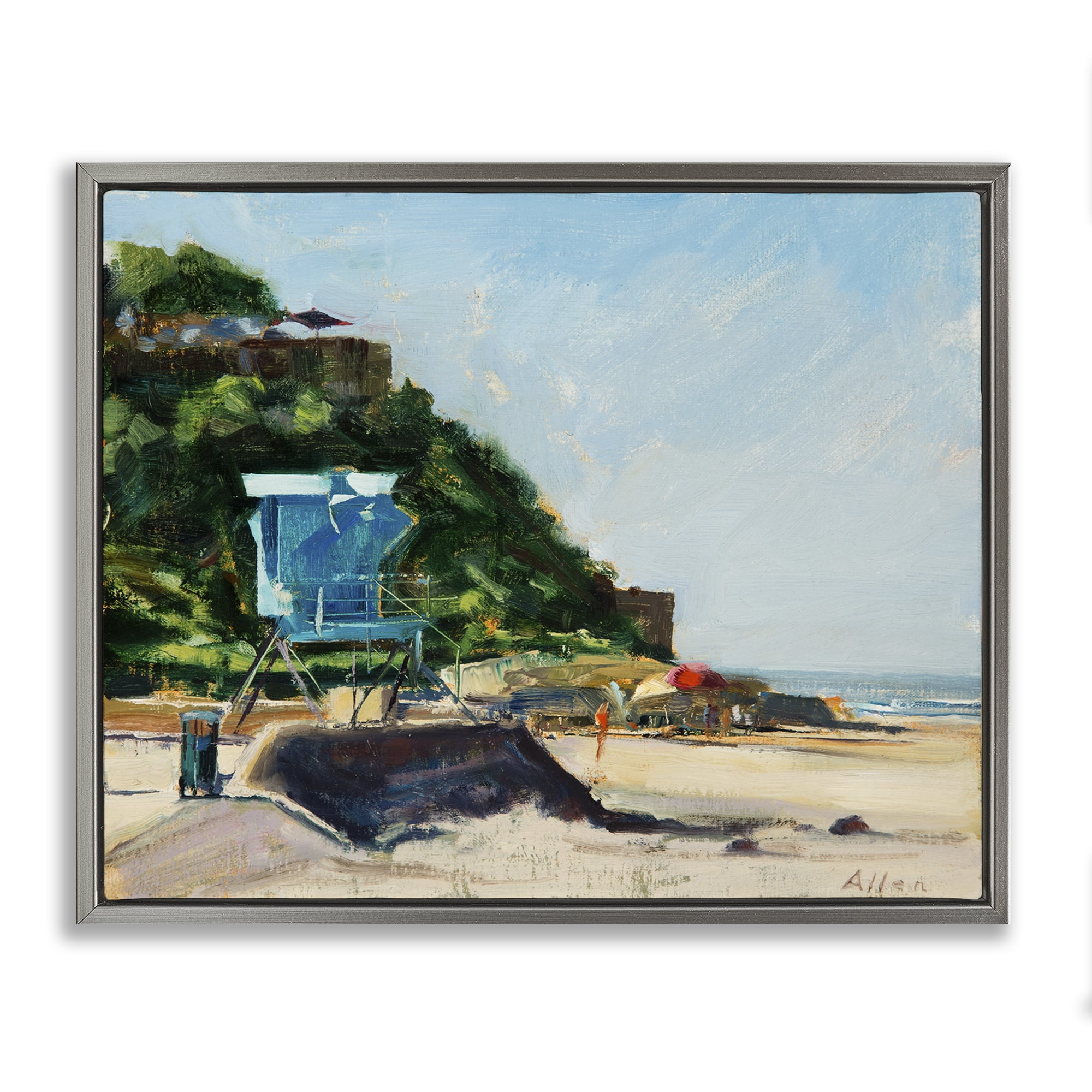 Stupell Industries Beach Guard Tower Landscape & Nature Painting Gray Floater Framed Canvas Art Print Wall Art, 21 x 17