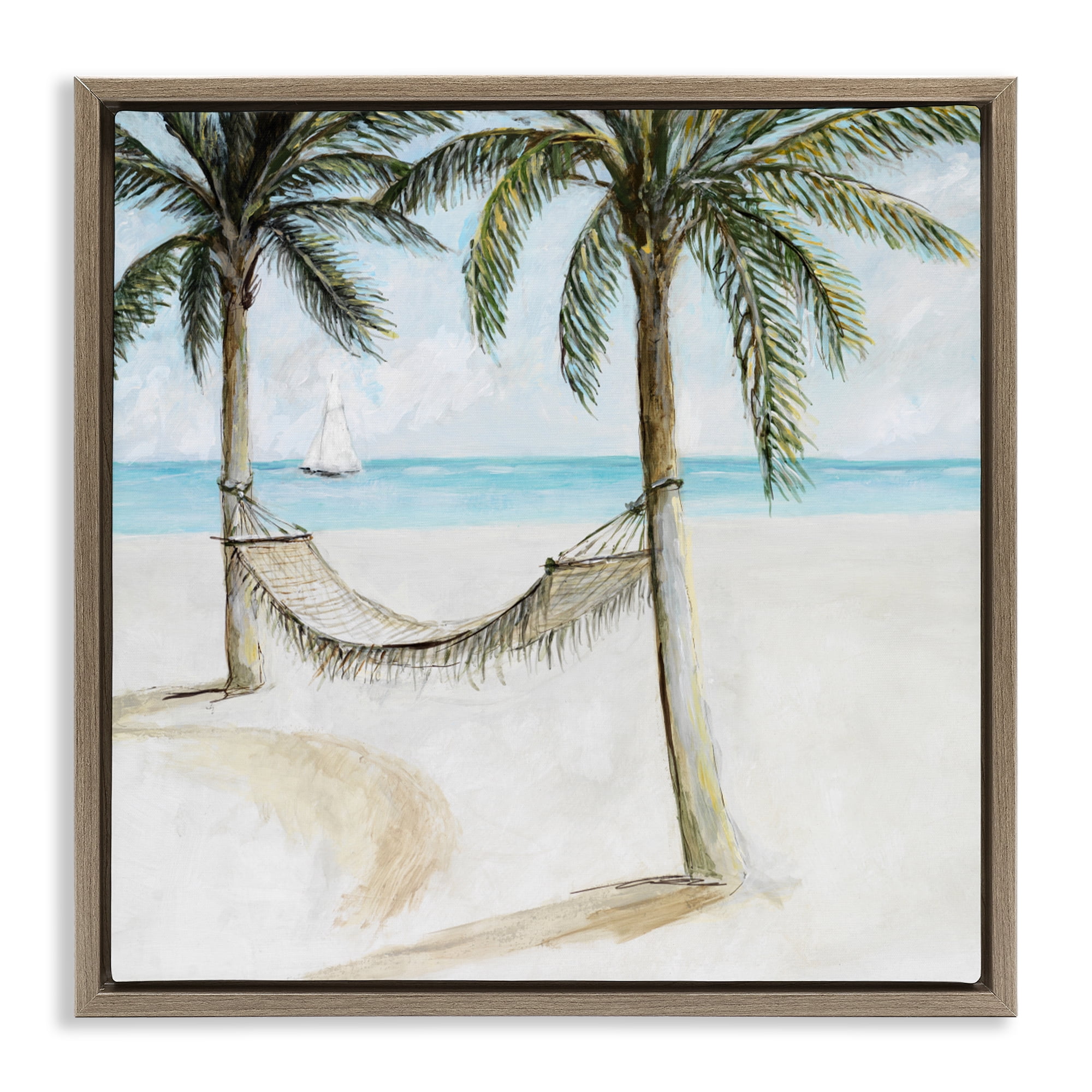 Stupell Industries Beach Hammock Coastal Scene Brown Framed Floater Canvas Wall Art, design by Lorenzo Collective