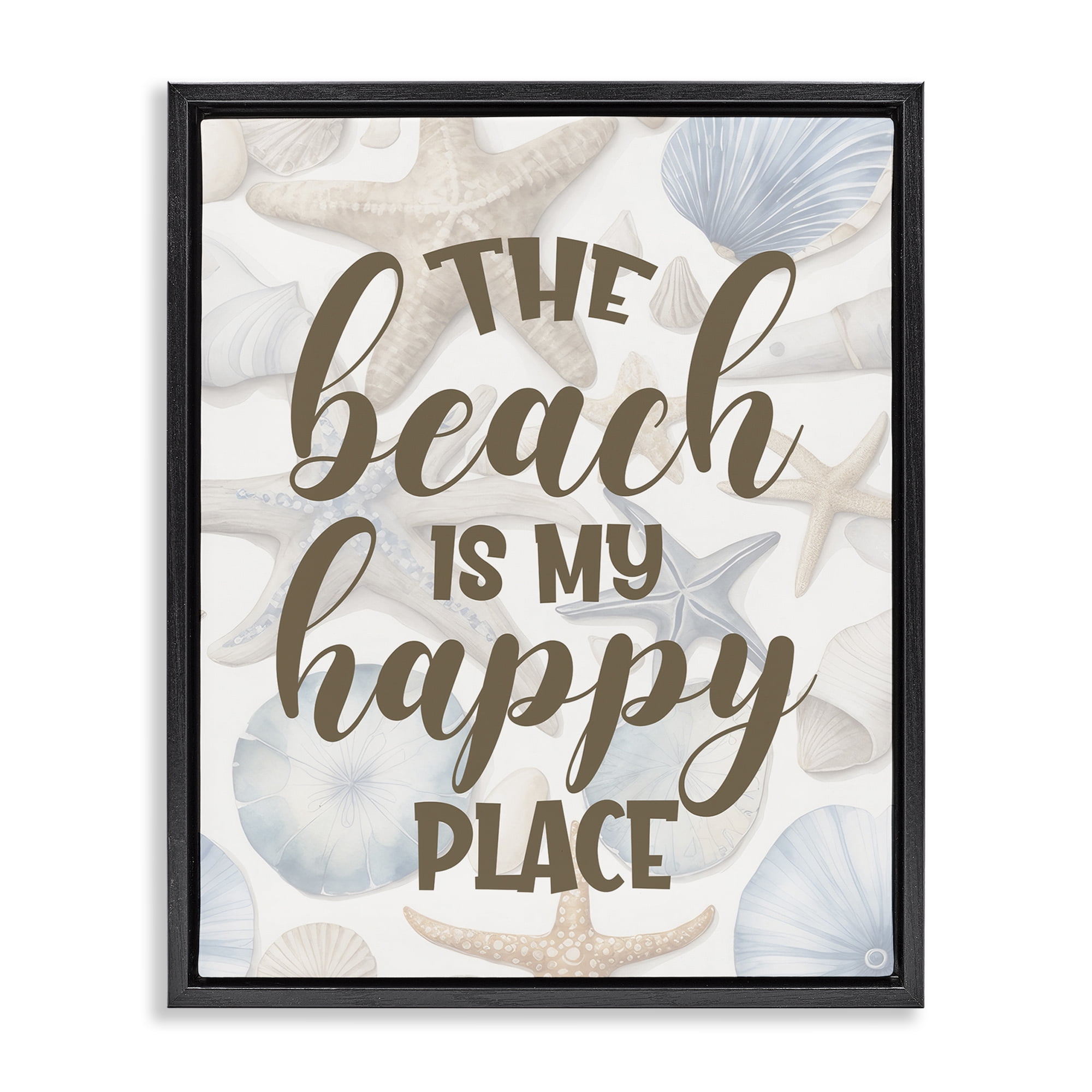 Stupell Industries Beach Happy Place Typography Painting Black Floater Framed Canvas Art Print Wall Art, 25 x 31