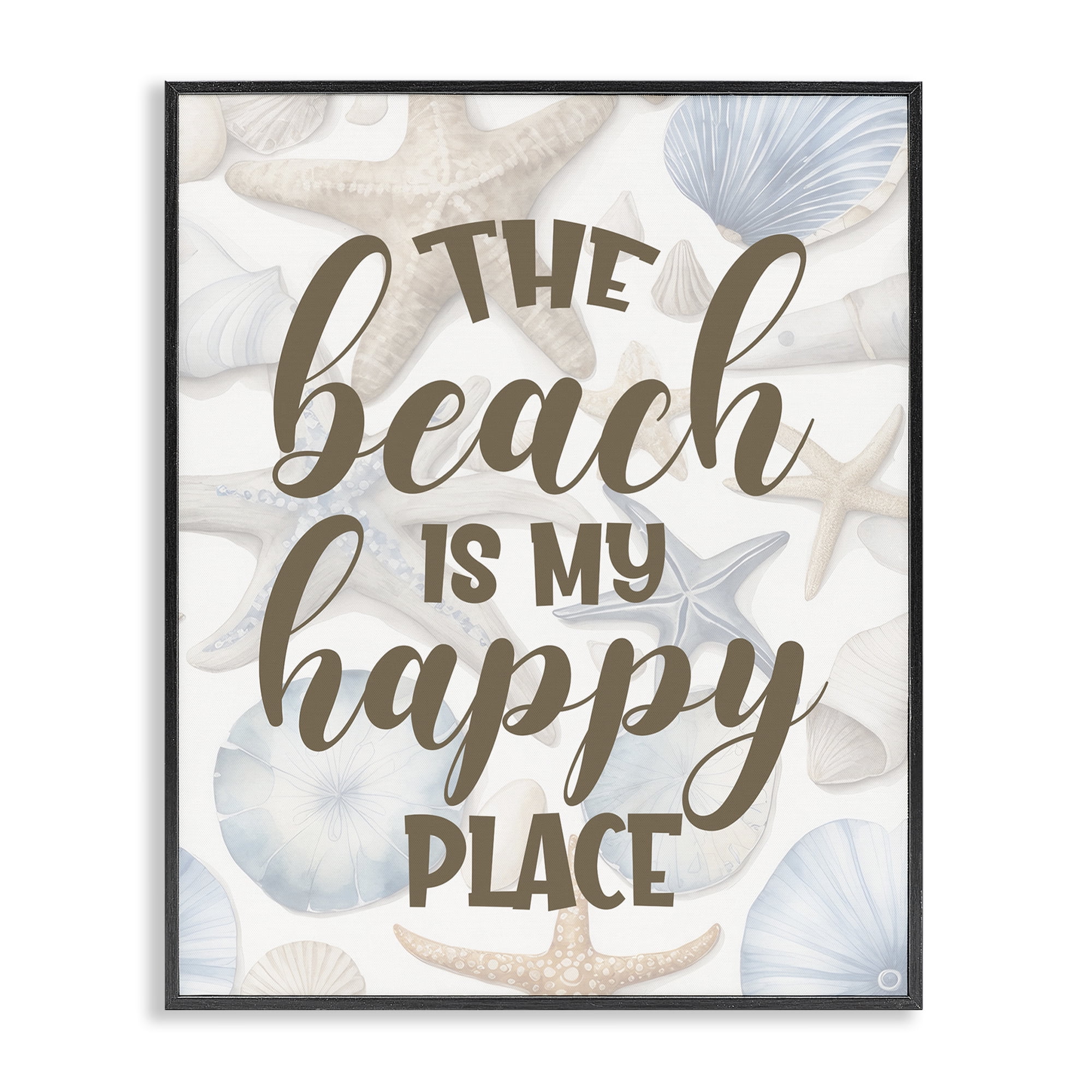 Stupell Industries Beach Happy Place Typography Painting Black Framed Art Print Wall Art, 16 x 20