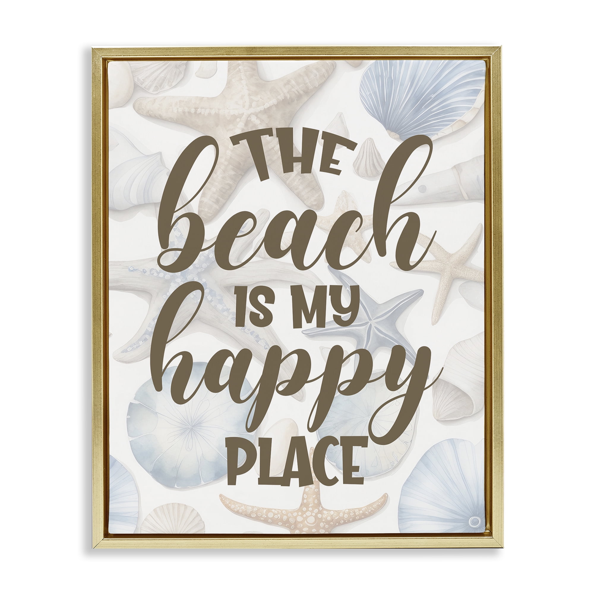 Stupell Industries Beach Happy Place Typography Painting Gold Floater Framed Canvas Art Print Wall Art, 17 x 21