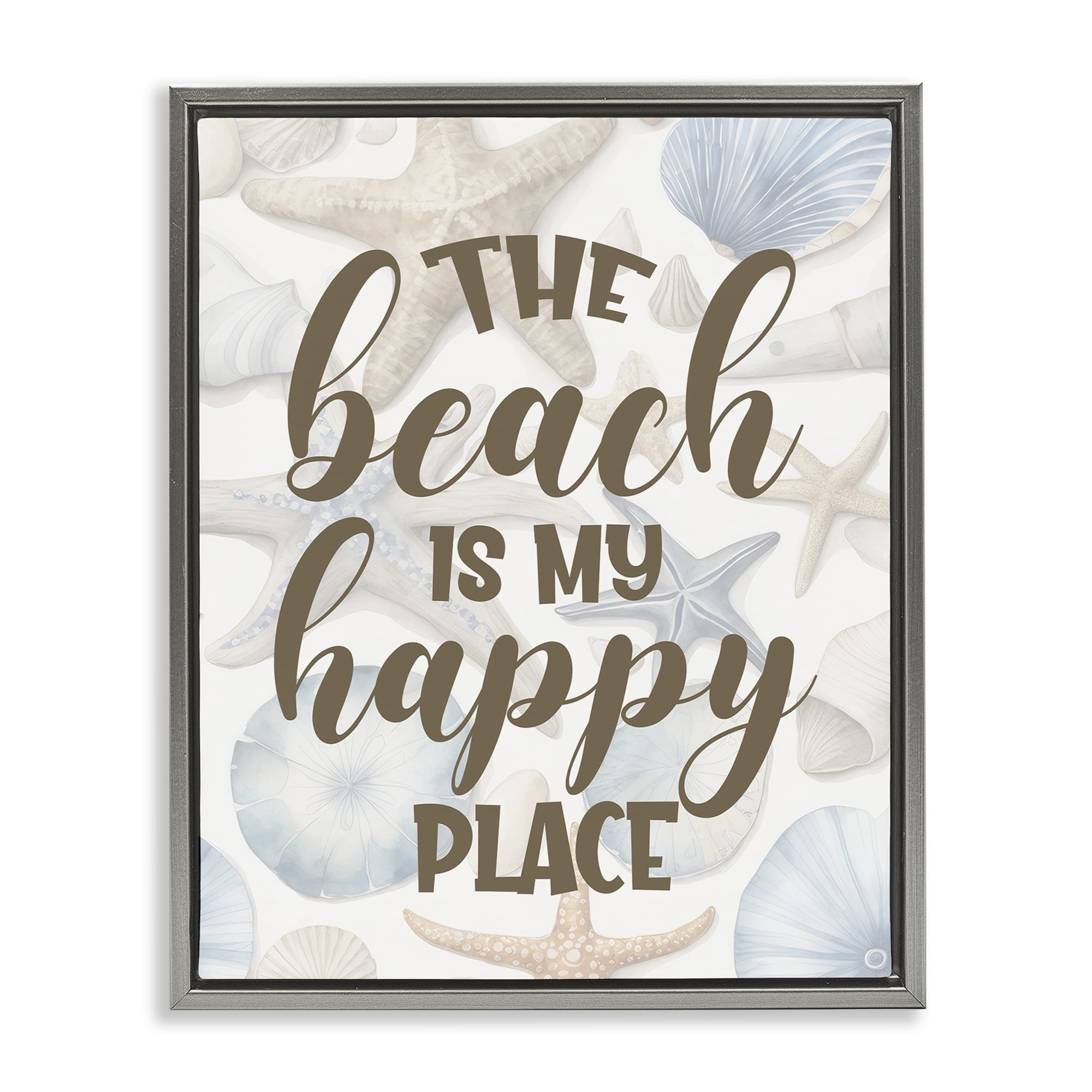 Stupell Industries Beach Happy Place Typography Painting Gray Floater Framed Canvas Art Print Wall Art, 17 x 21