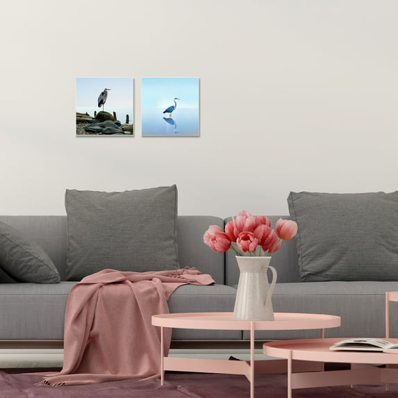 Stupell Industries Beach Heron Ocean Animal Photographs Framed Wall Art by James McLoughlin, 2 Piece, 12" x 12", Black Framed