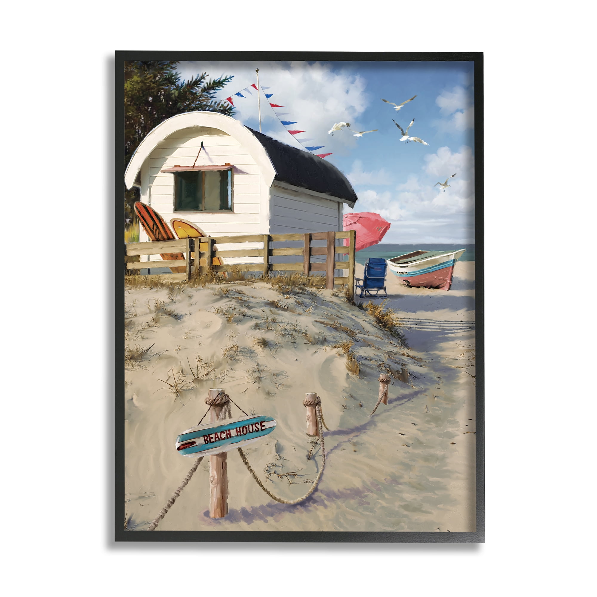 Stupell Industries Beach House Landscape Landscape Painting Black Framed Art Print Wall Art, 24 x 30