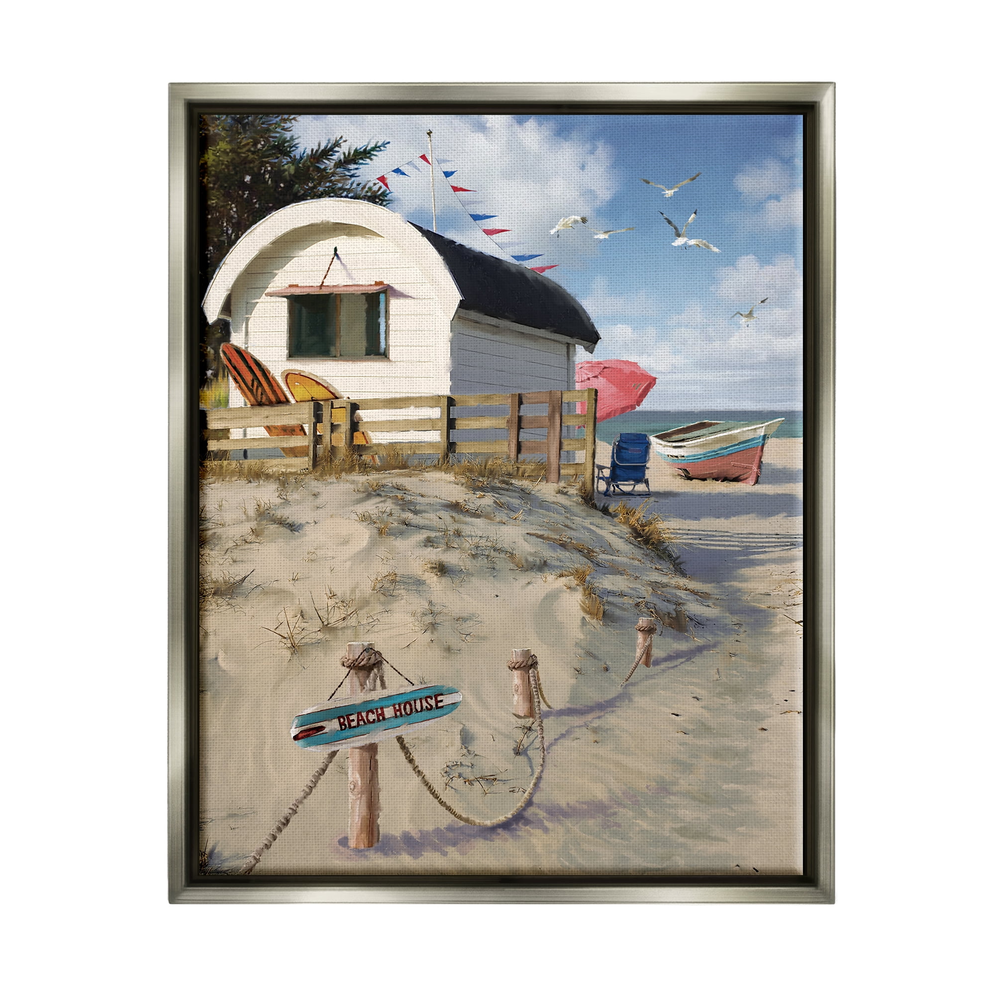 Stupell Industries Beach House Landscape Landscape Painting Gray Floater Framed Canvas Art Print Wall Art, 17 x 21