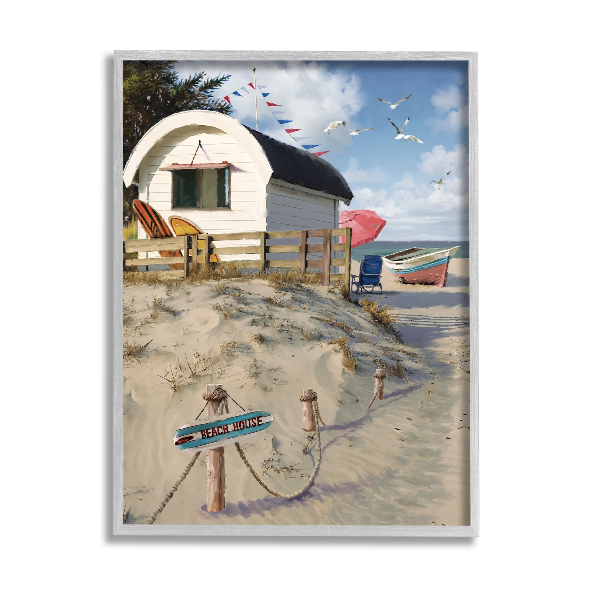 Stupell Industries Beach House Landscape Landscape Painting Gray Framed Art Print Wall Art, 24 x 30