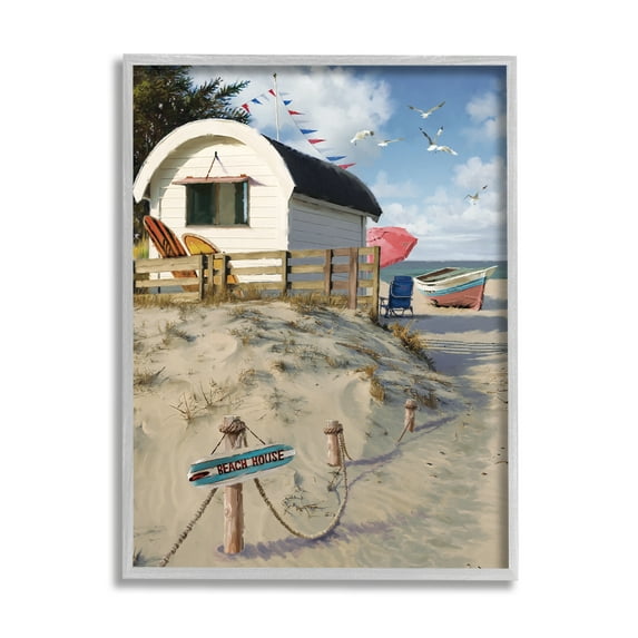 Stupell Industries Beach House Landscape Landscape Painting Gray Framed Art Print Wall Art, 24 x 30