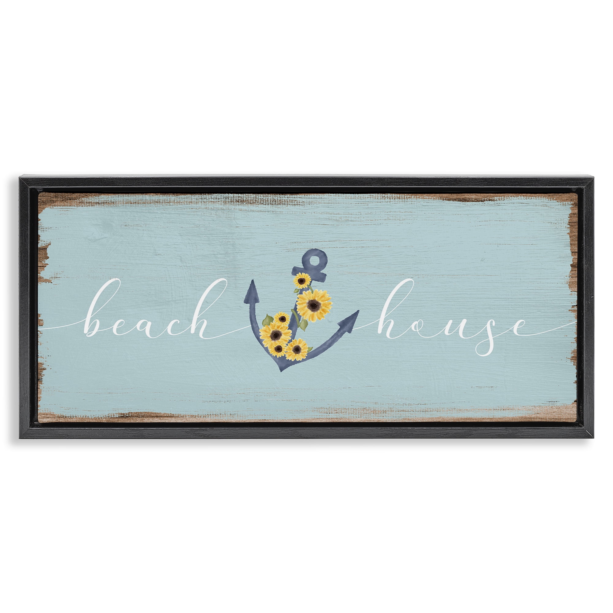 Stupell Industries Beach House with Floral Anchor Nature Painting Black Floater Framed Canvas Art Print Wall Art, 31 x 14