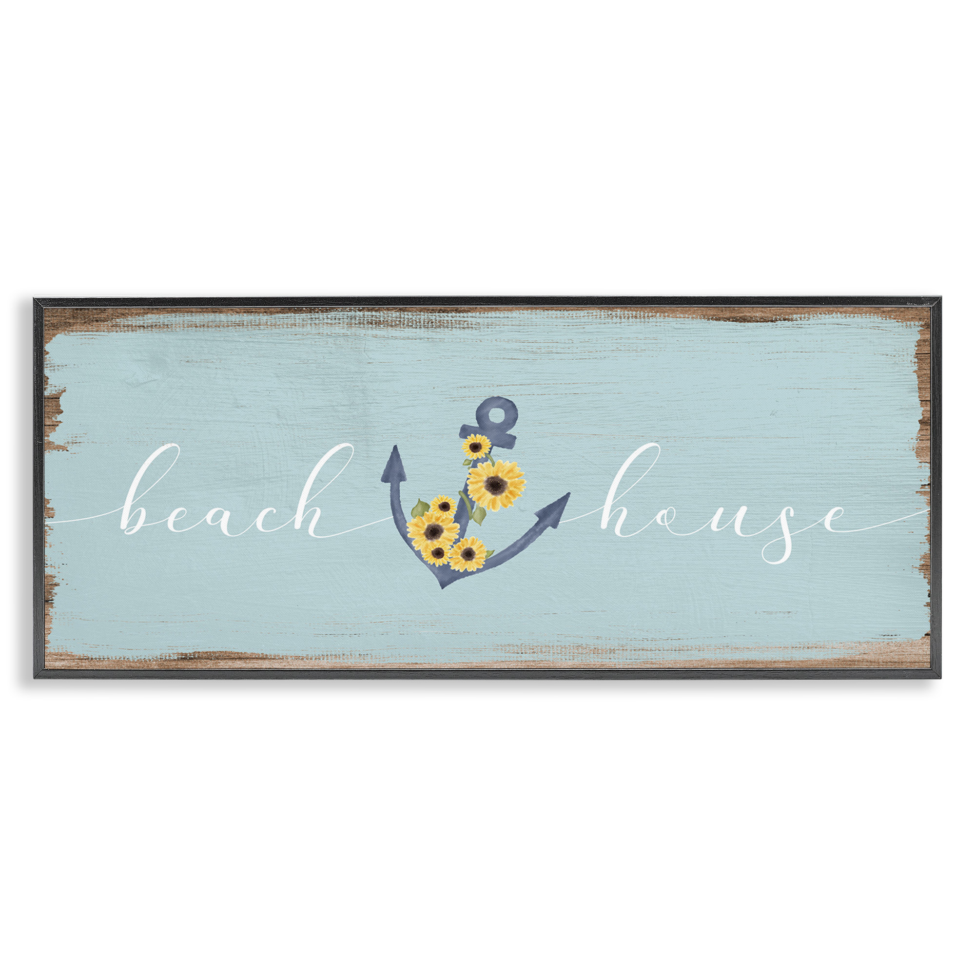 Stupell Industries Beach House with Floral Anchor Nature Painting Black Framed Art Print Wall Art, 30 x 13