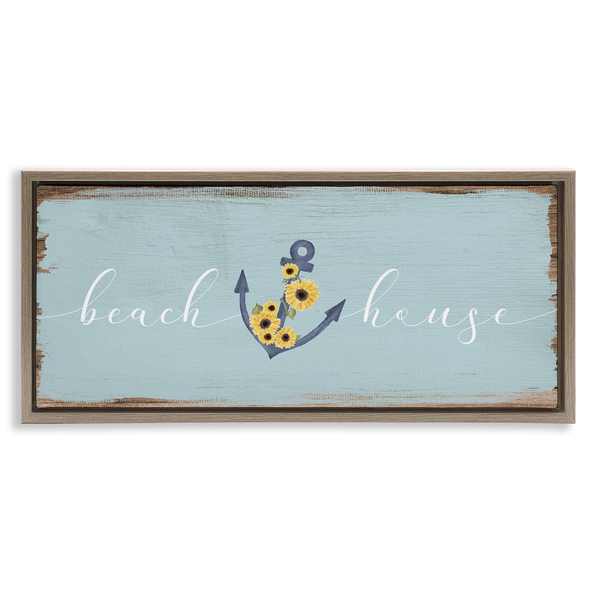 Stupell Industries Beach House with Floral Anchor Nature Painting Brown Floater Framed Canvas Art Print Wall Art, 25 x 11