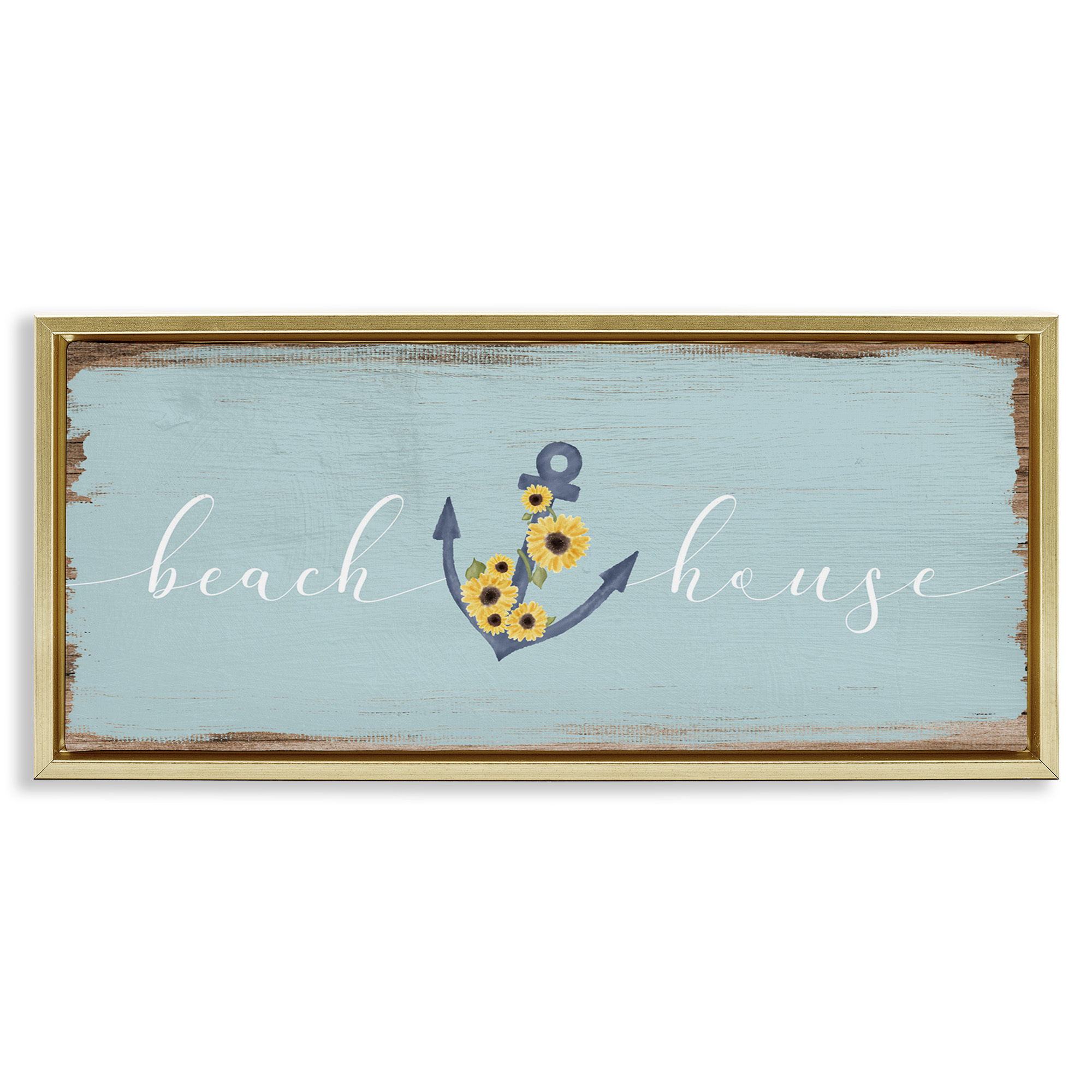 Stupell Industries Beach House with Floral Anchor Nature Painting Gold Floater Framed Canvas Art Print Wall Art, 25 x 11
