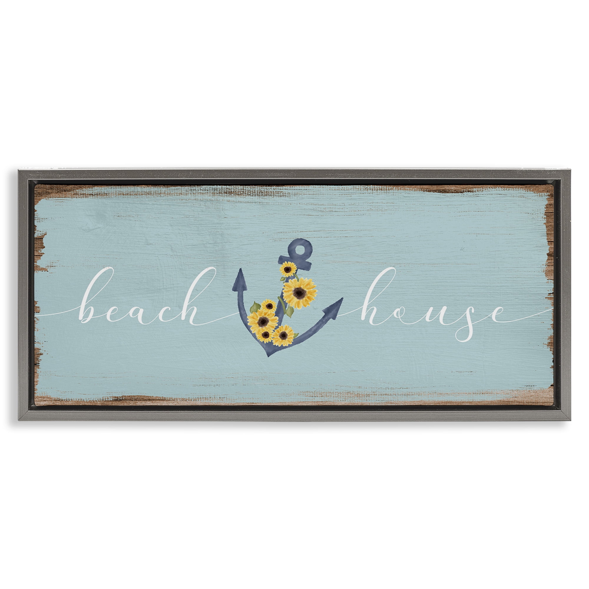 Stupell Industries Beach House with Floral Anchor Nature Painting Gray Floater Framed Canvas Art Print Wall Art, 31 x 14