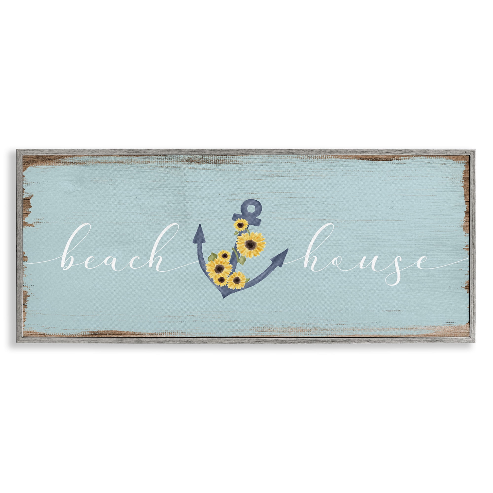 Stupell Industries Beach House with Floral Anchor Nature Painting Gray Framed Art Print Wall Art, 24 x 10