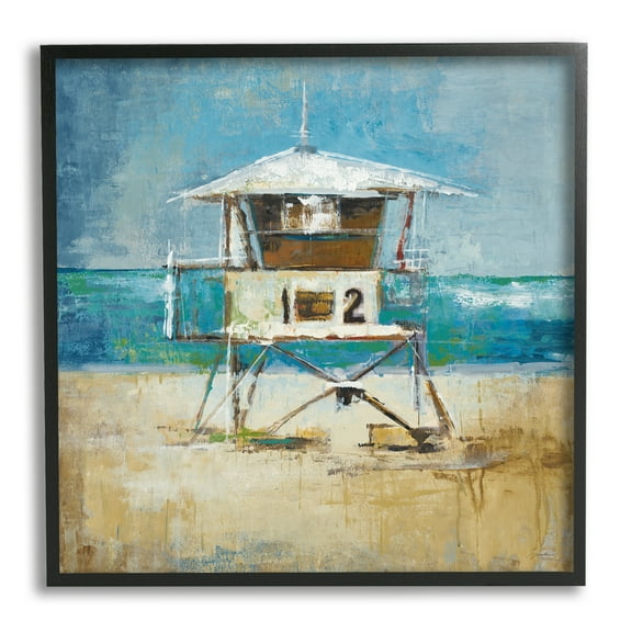 Stupell Industries Beach Hut Painting Nature Painting Black Framed Art Print Wall Art, 12 x 12