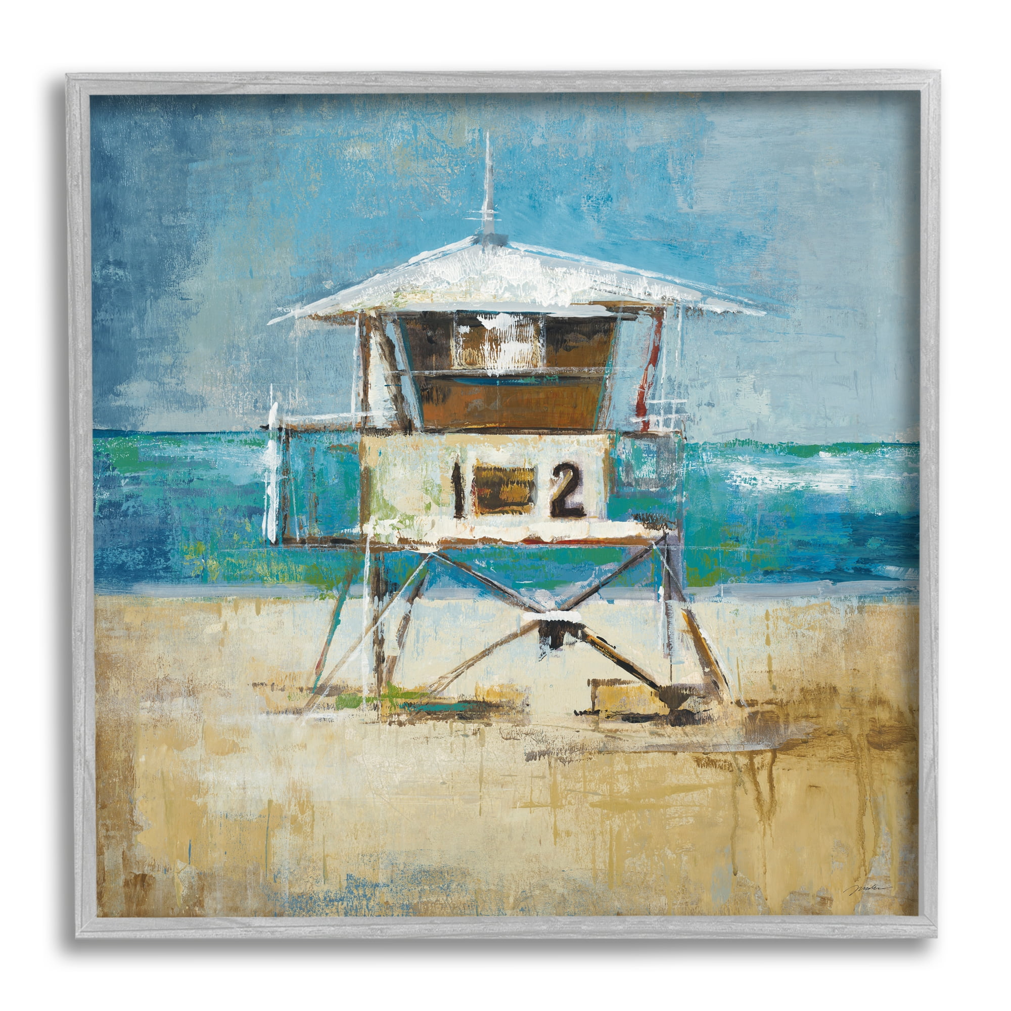 Stupell Industries Beach Hut Painting Nature Painting Gray Framed Art Print Wall Art, 17 x 17