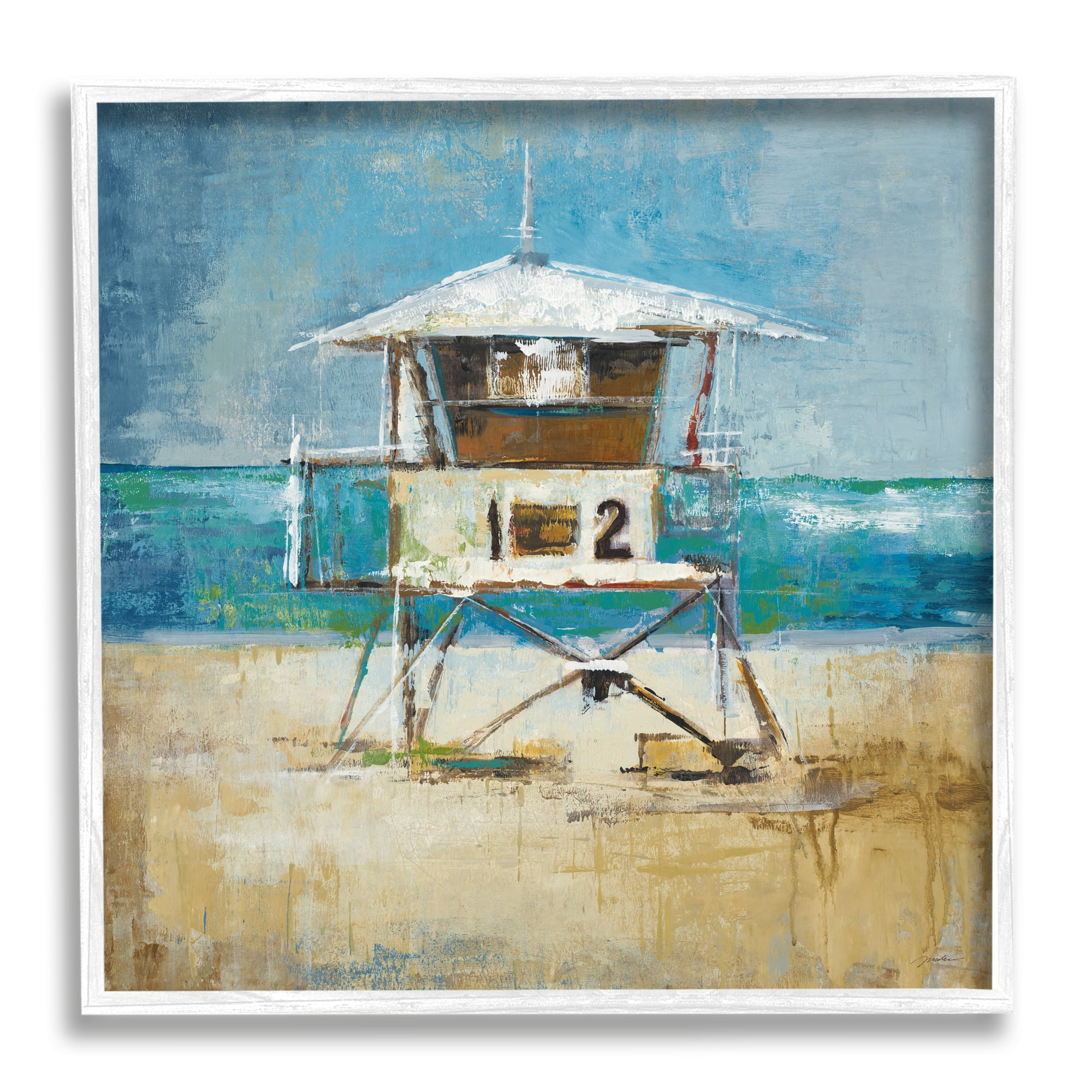 Stupell Industries Beach Hut Painting Nature Painting White Framed Art Print Wall Art, 24 x 24