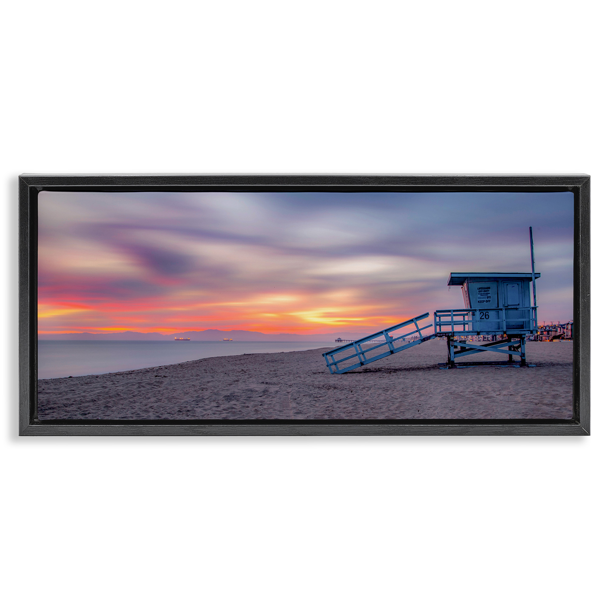 Stupell Industries Beach Hut Sunset Horizon Nature Photography Black Floater Framed Canvas Art Print Wall Art, 31 x 14