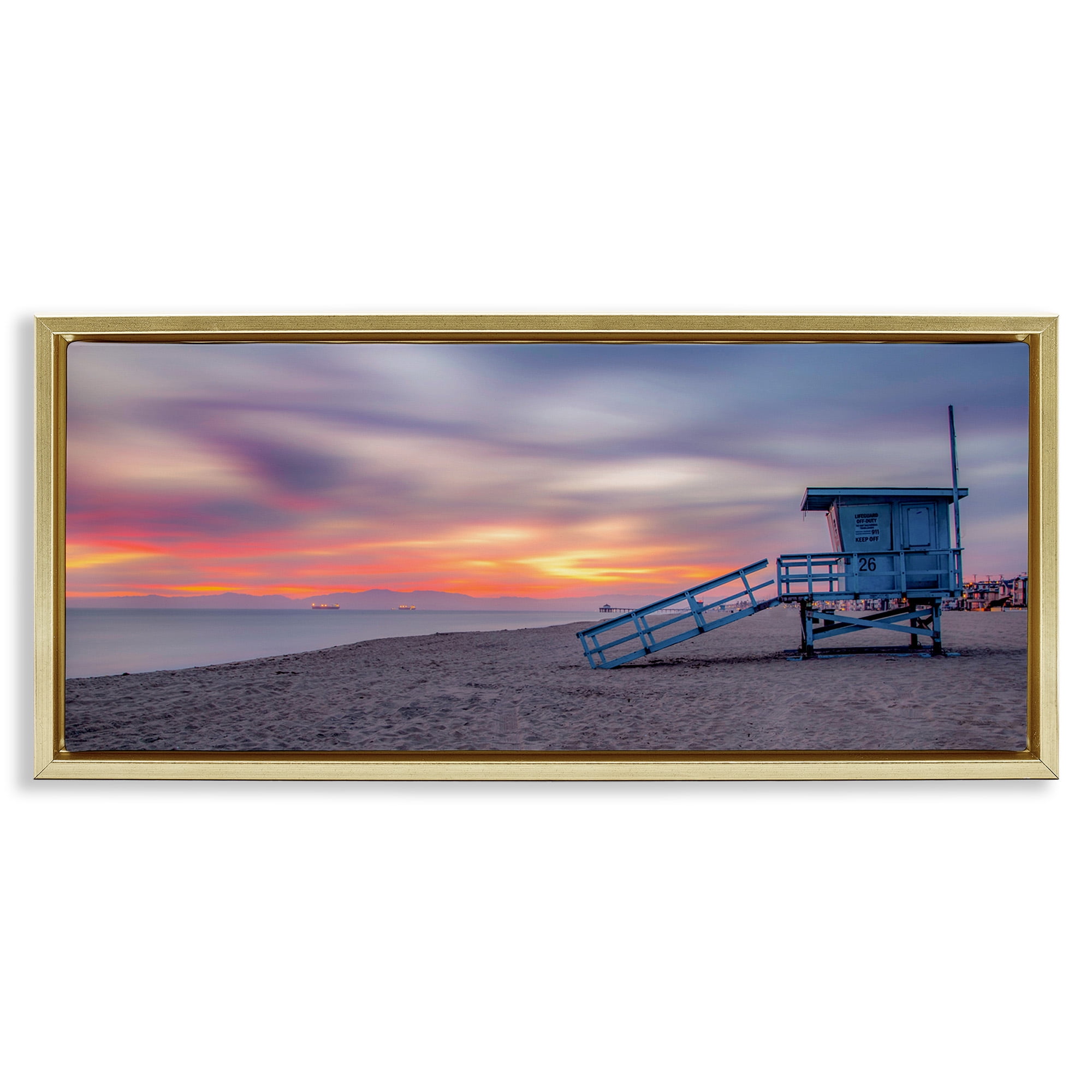 Stupell Industries Beach Hut Sunset Horizon Nature Photography Gold Floater Framed Canvas Art Print Wall Art, 31 x 14