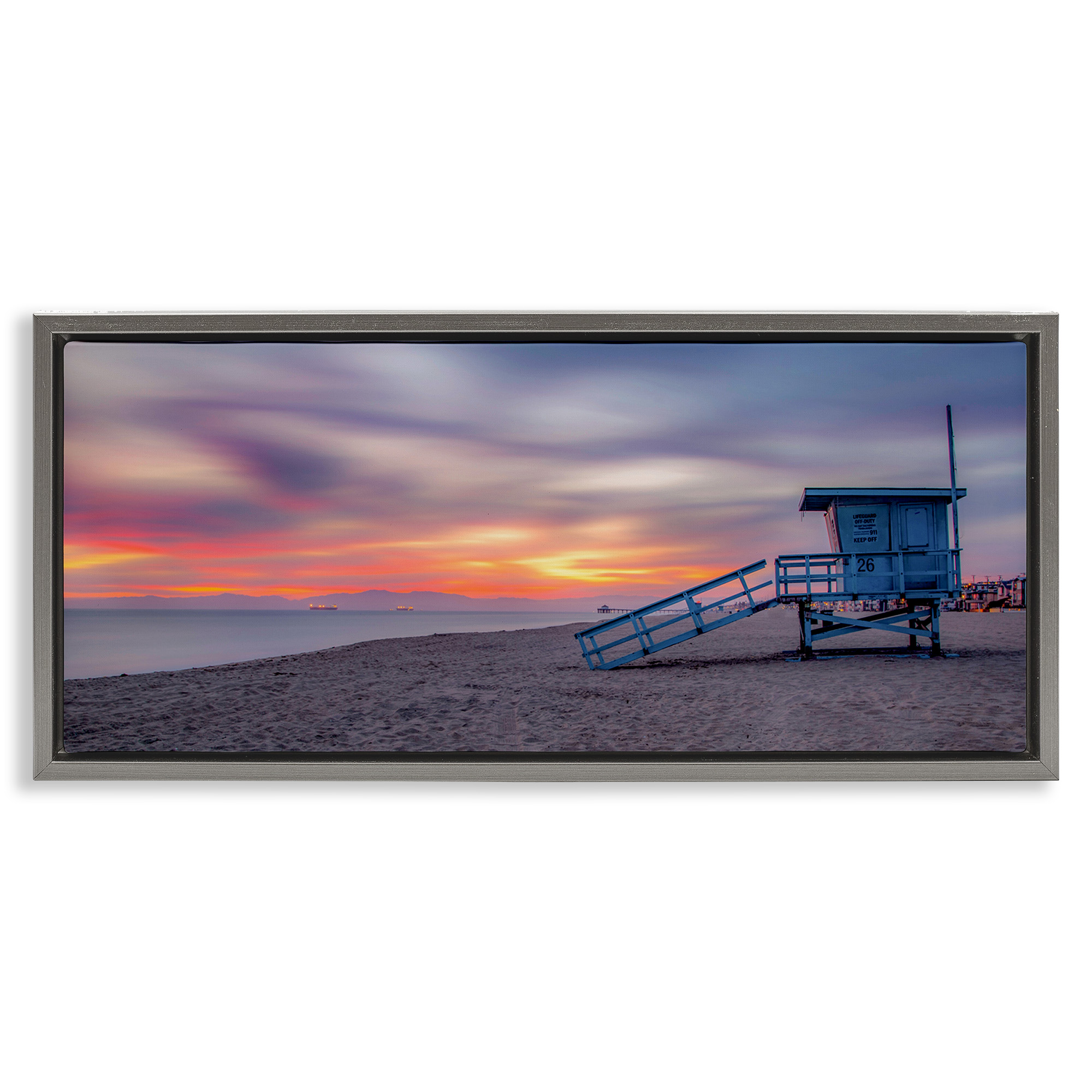 Stupell Industries Beach Hut Sunset Horizon Nature Photography Gray Floater Framed Canvas Art Print Wall Art, 31 x 14
