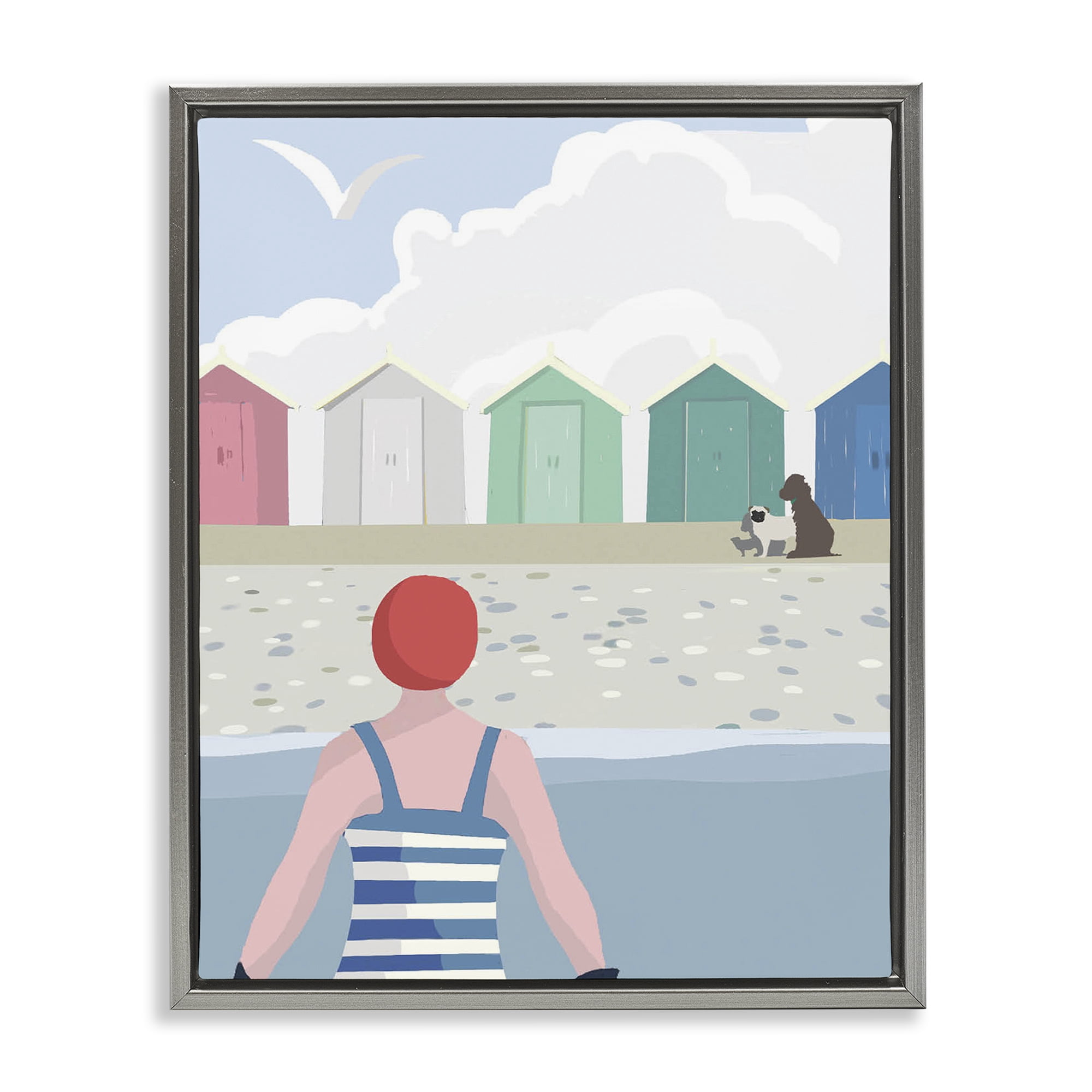 Stupell Industries Beach Huts View Nautical & Beach Painting Gray Floater Framed Canvas Art Print Wall Art, 17 x 21