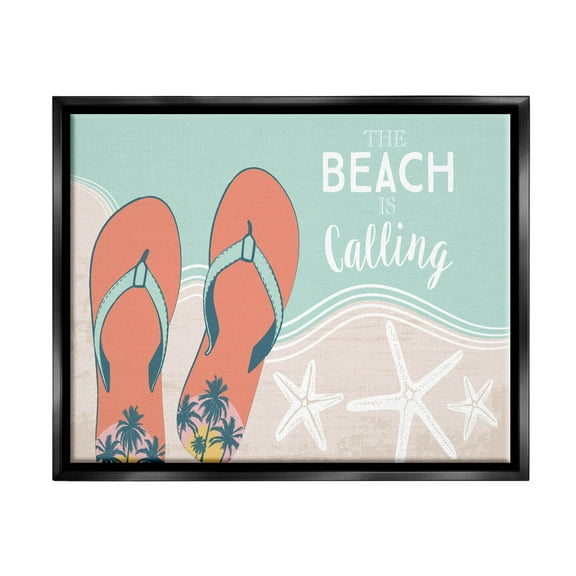 Stupell Industries Beach Is Calling Flip Flops Shore Graphic Art Jet Black Floating Framed Canvas Print Wall Art, Design by Arrolynn Weiderhold
