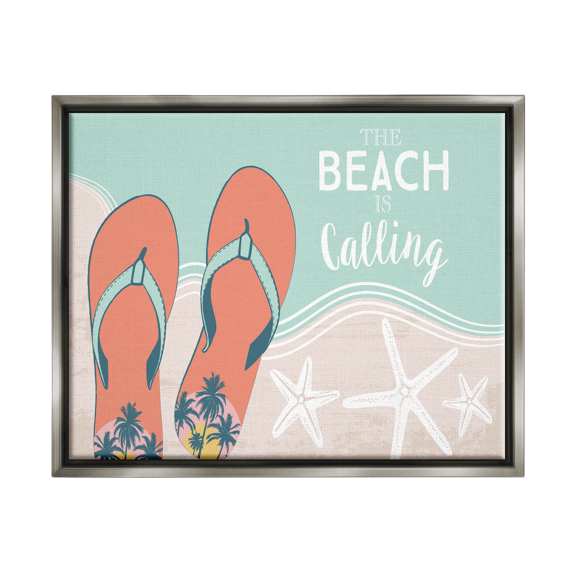 Stupell Industries Beach Is Calling Flip Flops Shore Graphic Art Luster Gray Floating Framed Canvas Print Wall Art, Design by Arrolynn Weiderhold