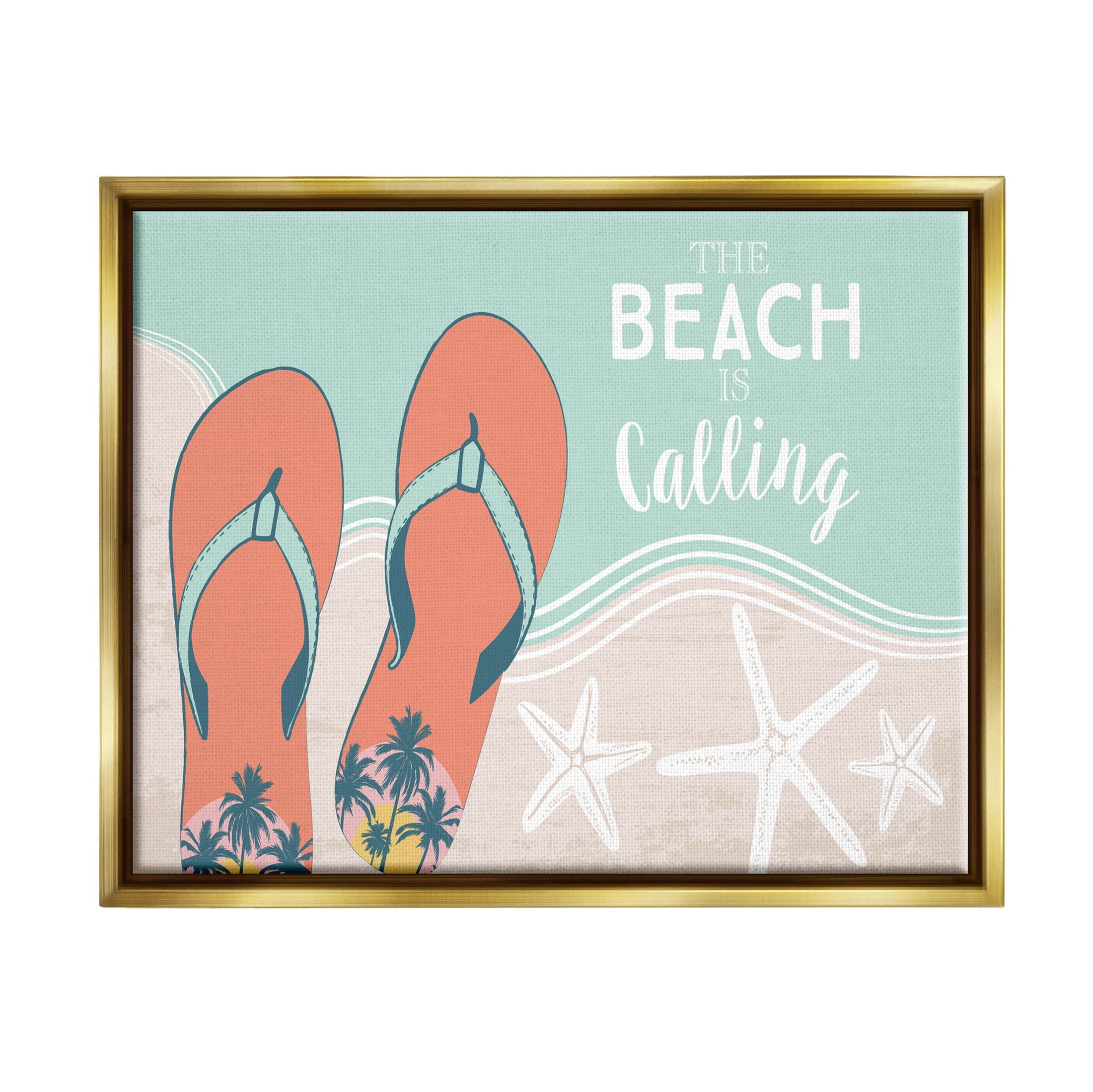 Stupell Industries Beach Is Calling Flip Flops Shore Graphic Art Metallic Gold Floating Framed Canvas Print Wall Art, Design by Arrolynn Weiderhold