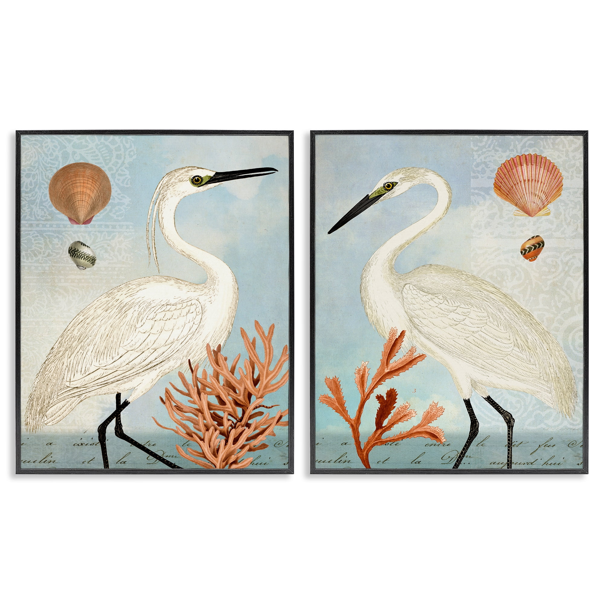 Stupell Industries Beach Items Shell Heron Egret Animals Painting Black Framed Art Print Wall Art, 16 x 20, Set of 2