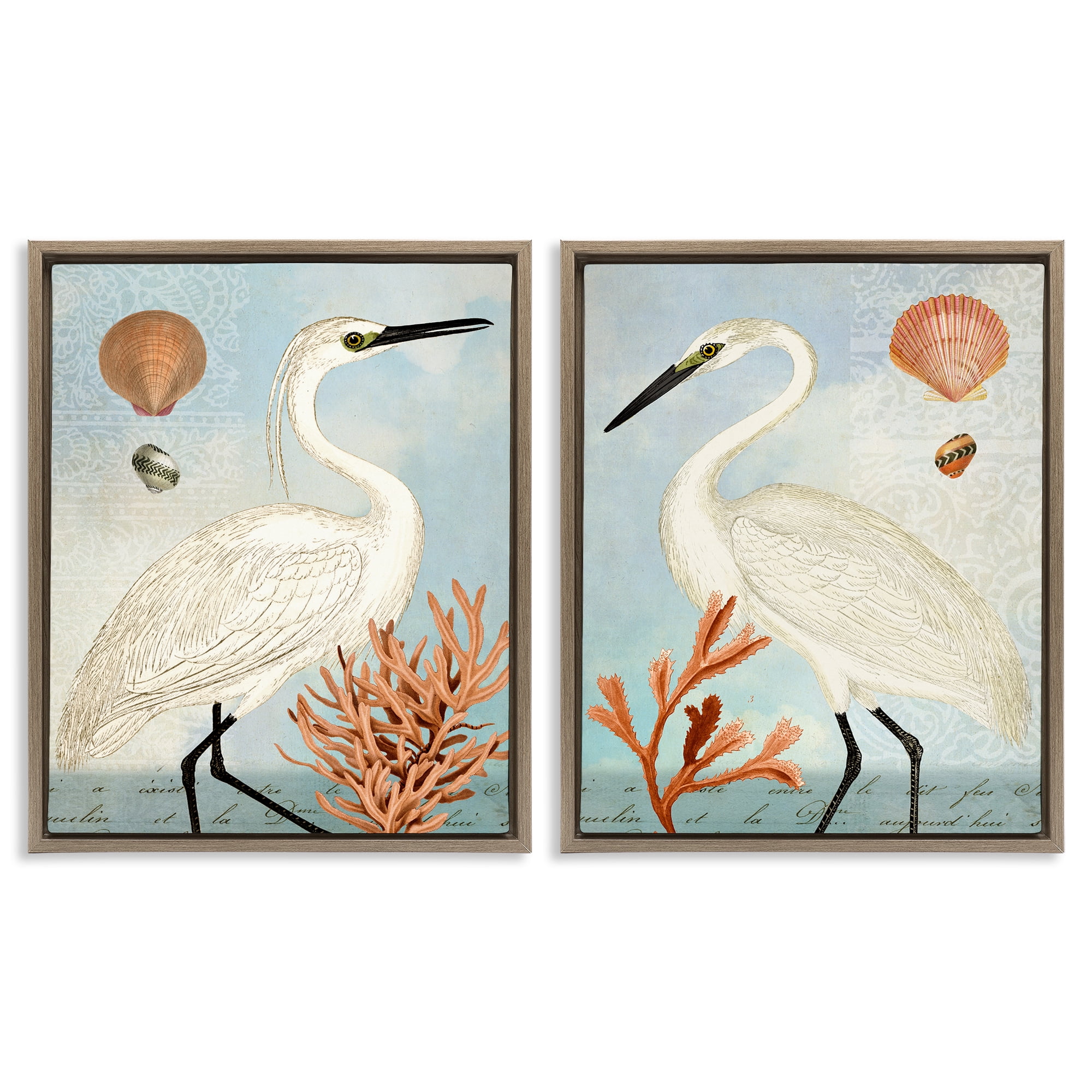 Stupell Industries Beach Items Shell Heron Egret Animals Painting Brown Floater Framed Canvas Art Print Wall Art, 17 x 21, Set of 2