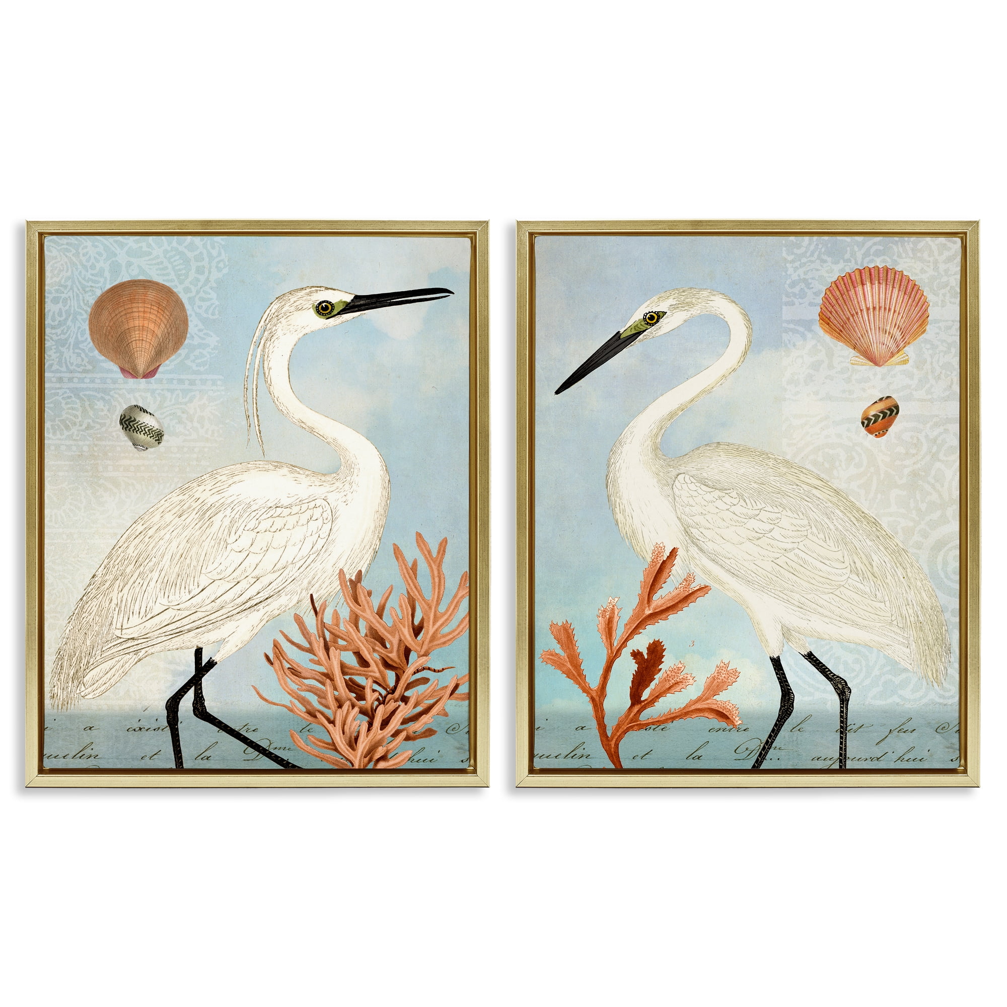 Stupell Industries Beach Items Shell Heron Egret Animals Painting Gold Floater Framed Canvas Art Print Wall Art, 31 x 25, Set of 2