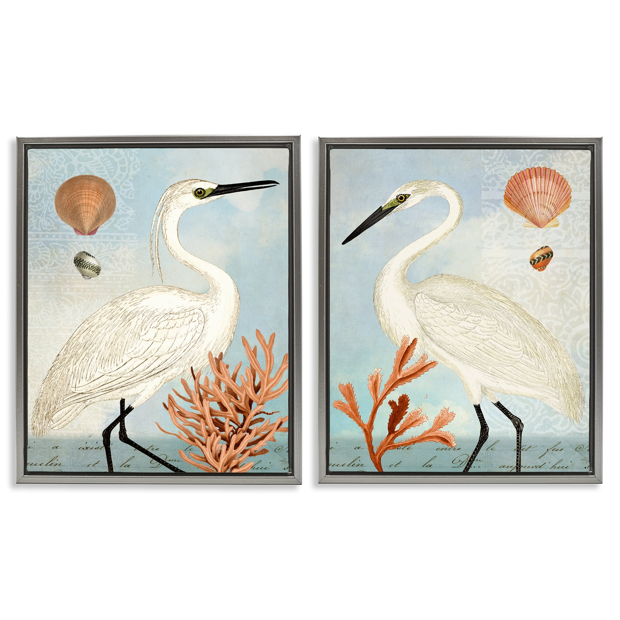 Stupell Industries Beach Items Shell Heron Egret Animals Painting Gray Floater Framed Canvas Art Print Wall Art, 31 x 25, Set of 2