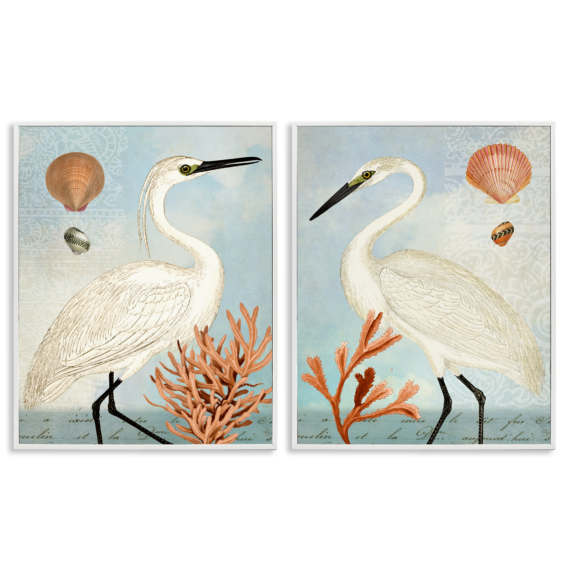 Stupell Industries Beach Items Shell Heron Egret Animals Painting White Framed Art Print Wall Art, 11 x 14, Set of 2