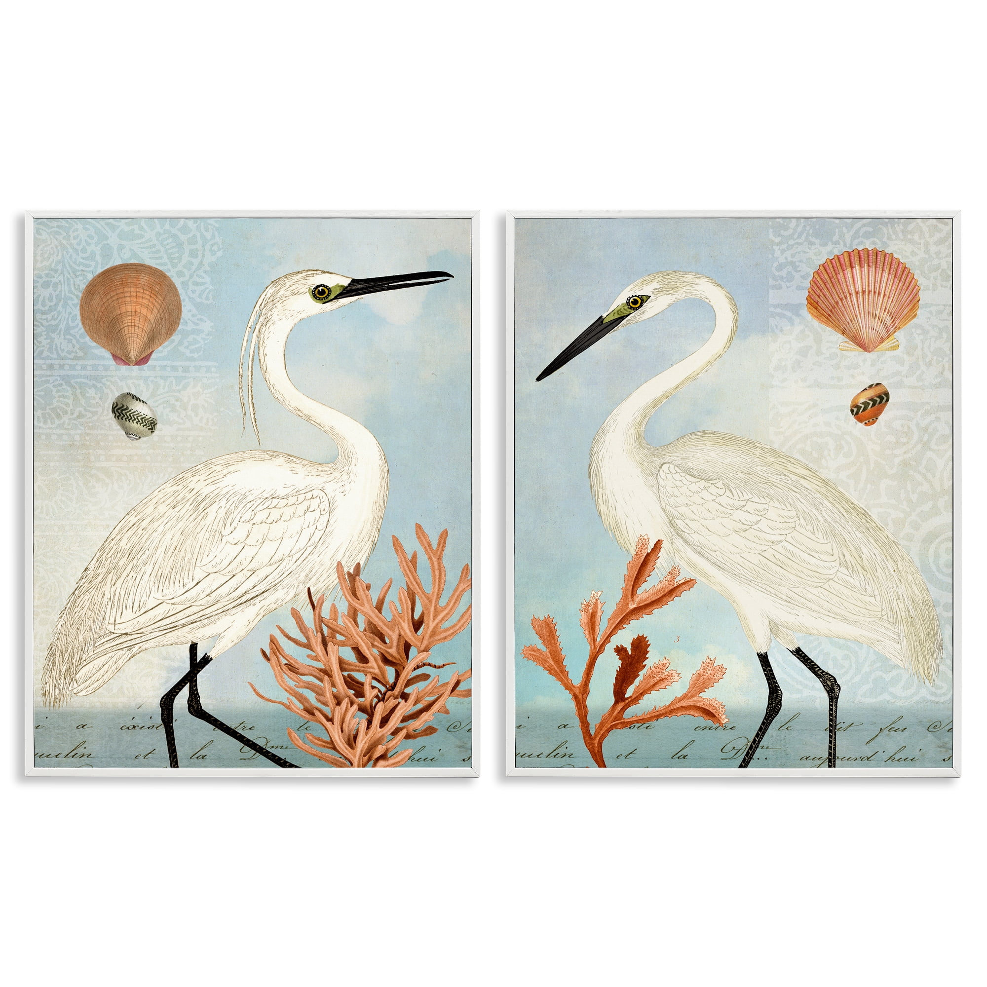 Stupell Industries Beach Items Shell Heron Egret Animals Painting White Framed Art Print Wall Art, 24 x 30, Set of 2