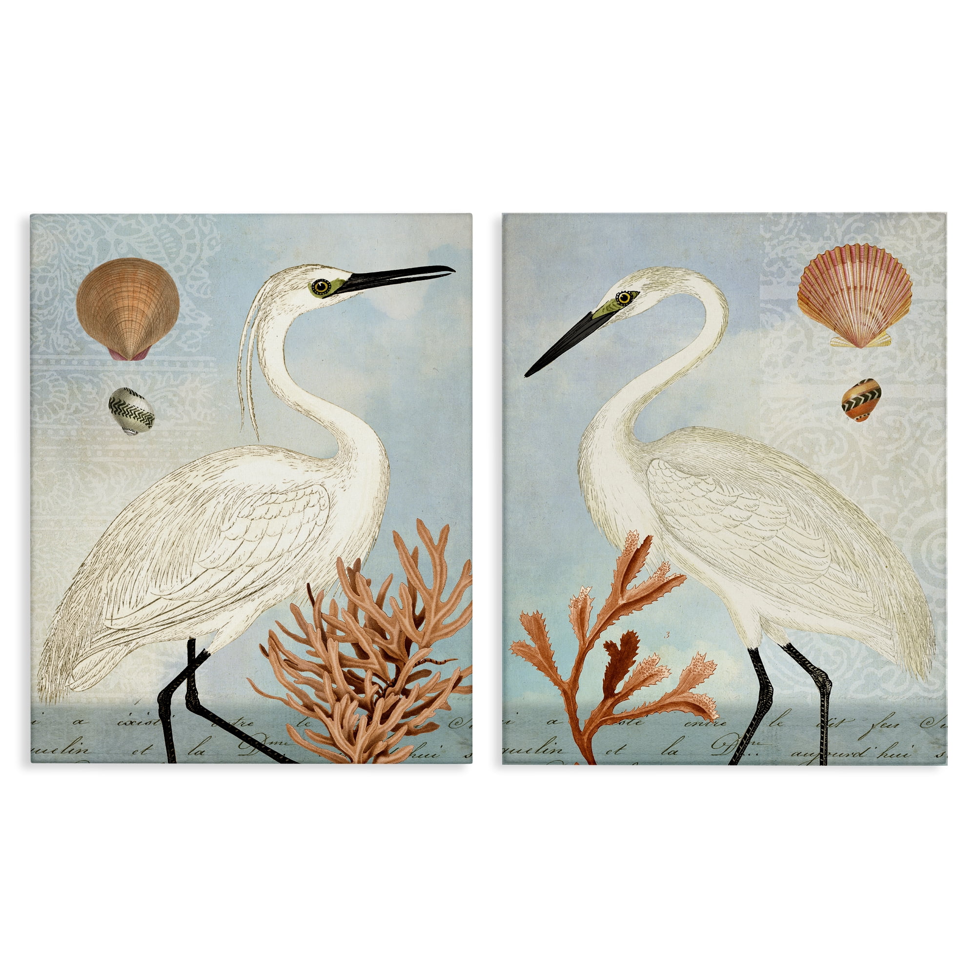 Stupell Industries Beach Items Shell Heron Egret Animals Painting Wrapped Canvas Art Print Wall Art, 16 x 20, Set of 2