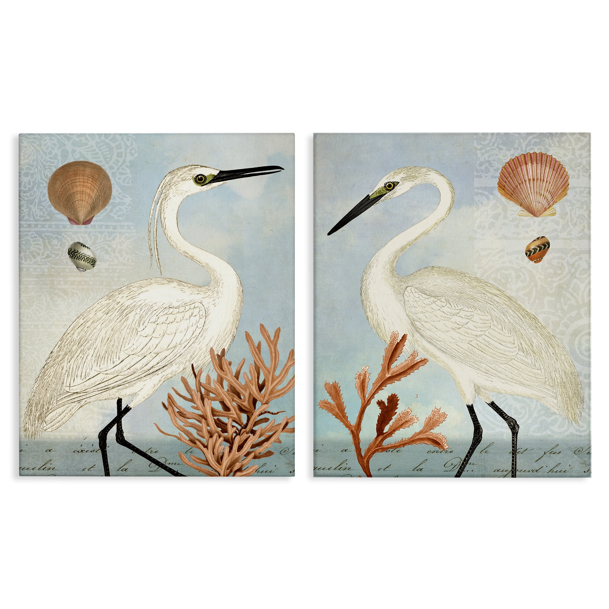 Stupell Industries Beach Items Shell Heron Egret Animals Painting Wrapped Canvas Art Print Wall Art, 24 x 30, Set of 2