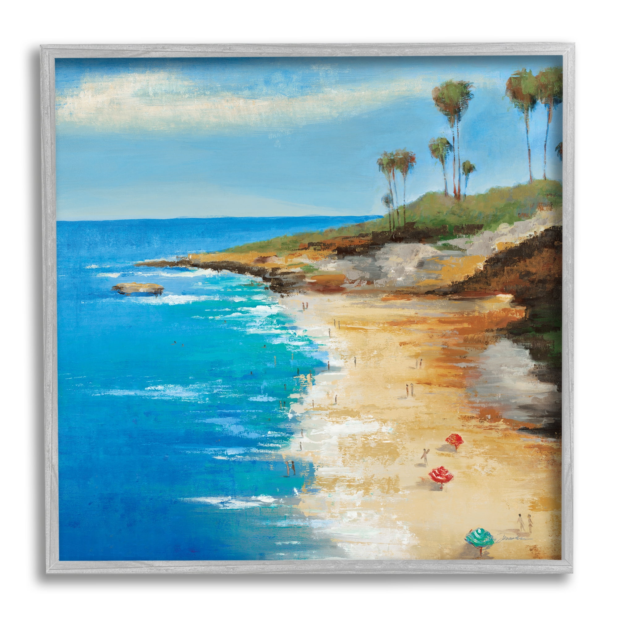 Stupell Industries Beach Landscape Cove Nature Painting Gray Framed Art Print Wall Art, 24 x 24