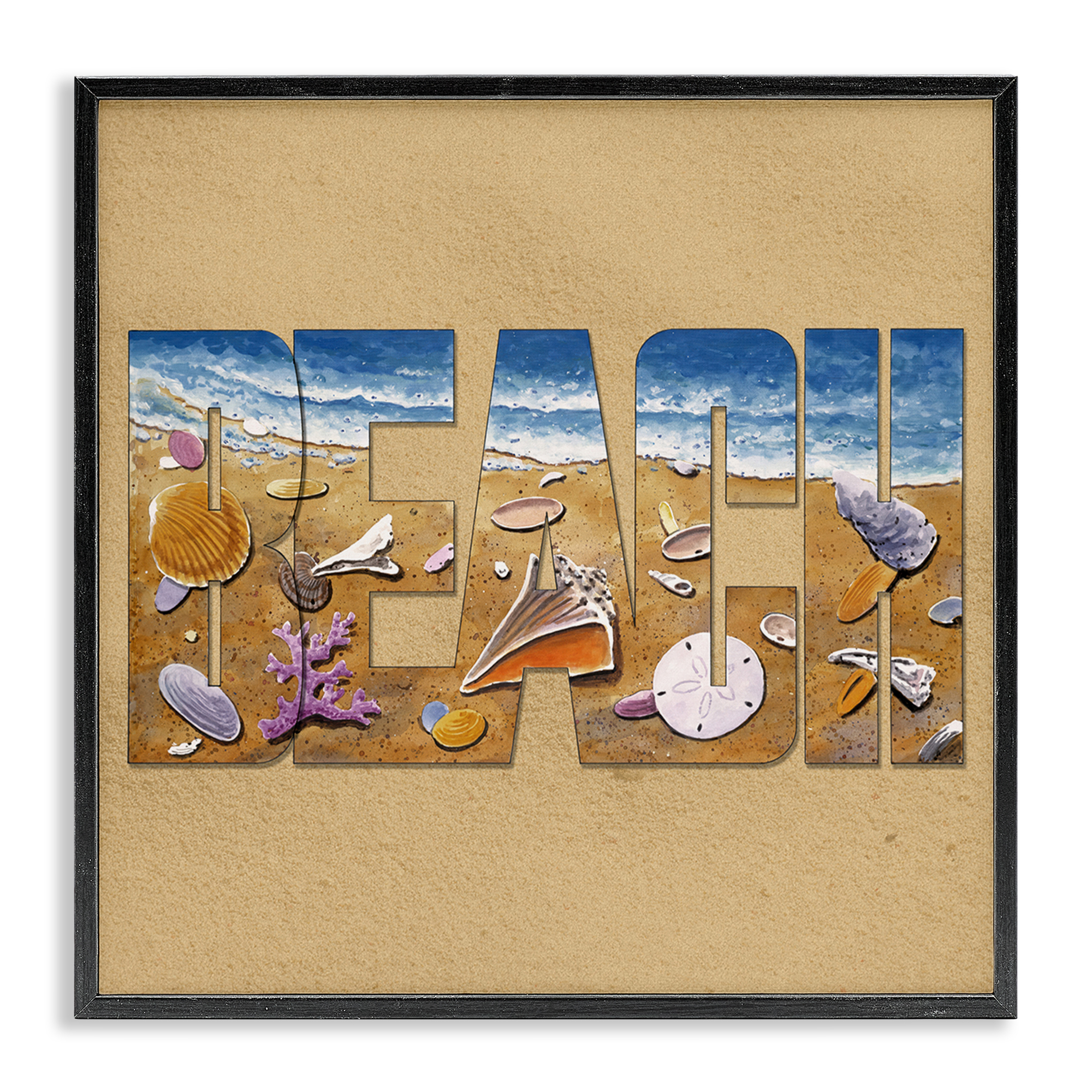 Stupell Industries Beach Letters Outline Nautical & Beach Painting Black Framed Art Print Wall Art, 17 x 17
