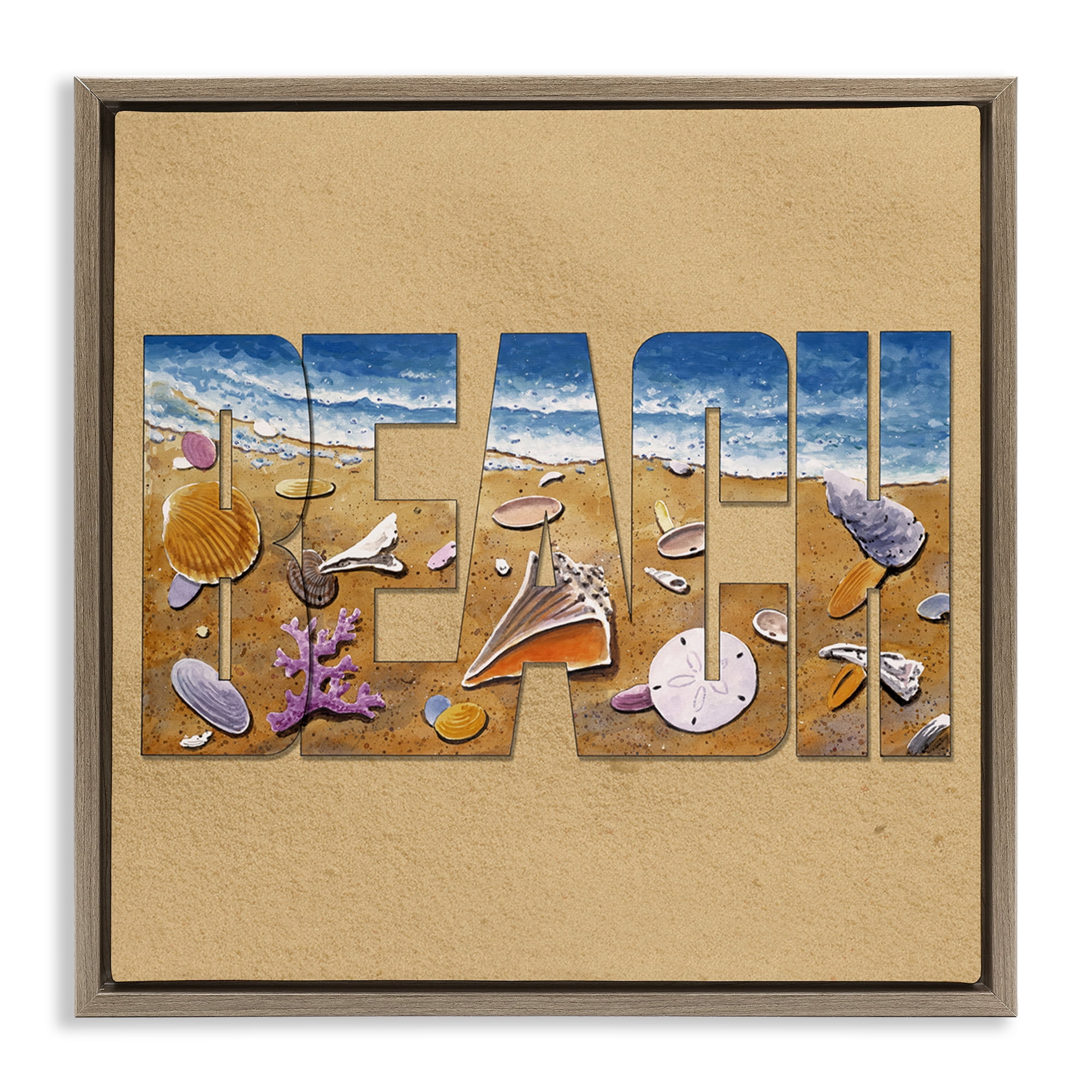 Stupell Industries Beach Letters Outline Nautical & Beach Painting Brown Floater Framed Canvas Art Print Wall Art, 18 x 18
